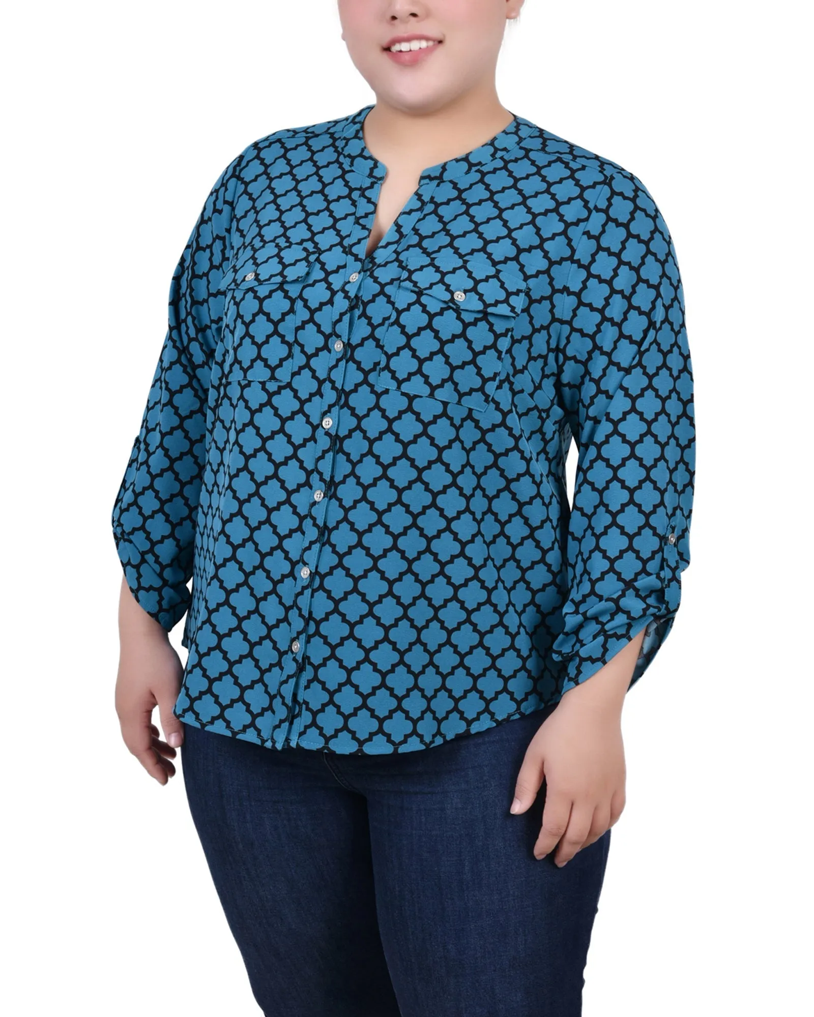 Blouse Y-Neck à manches 3/4 roulées pour Grandes Tailles