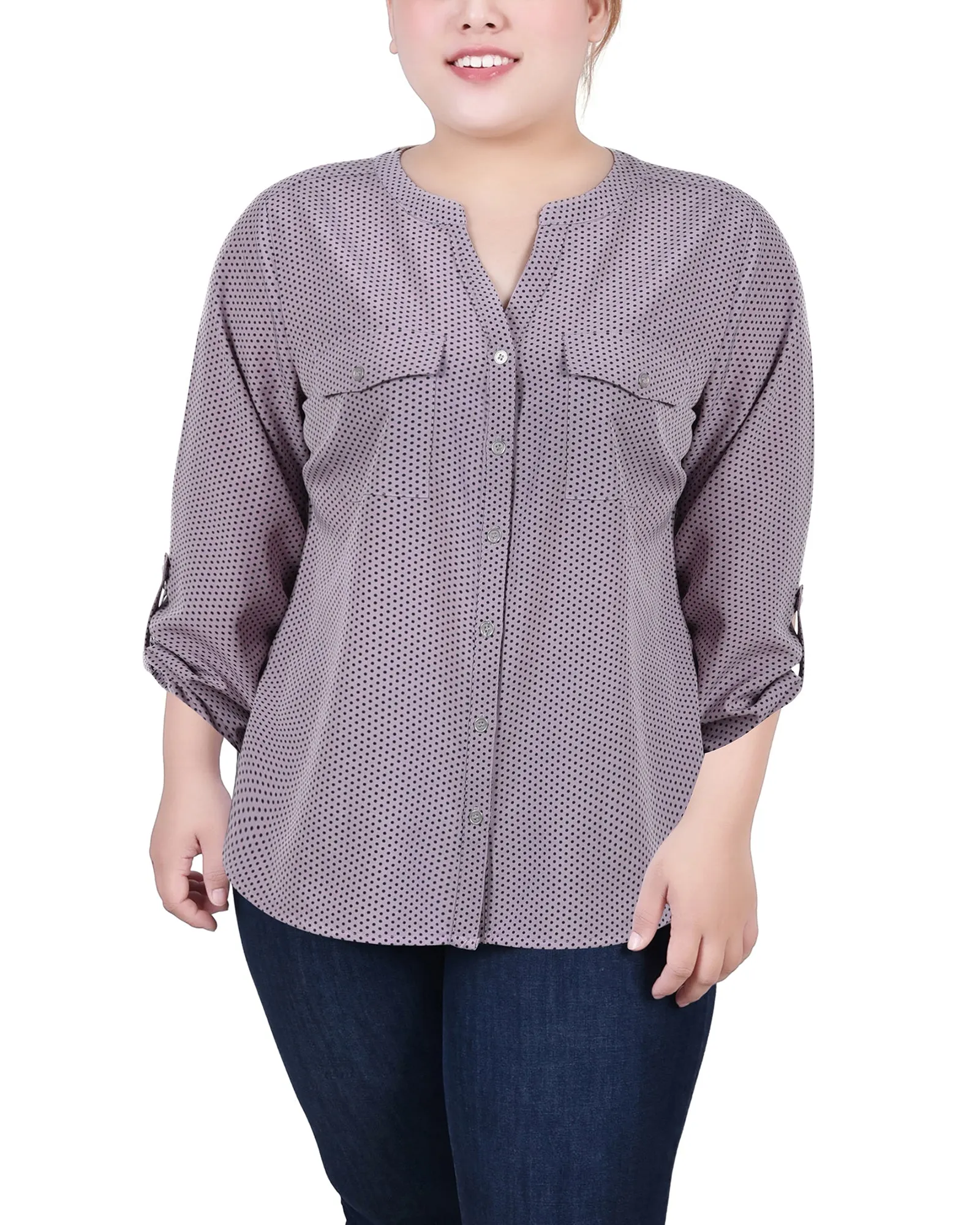 Blouse Y-Neck à manches 3/4 roulées pour Grandes Tailles
