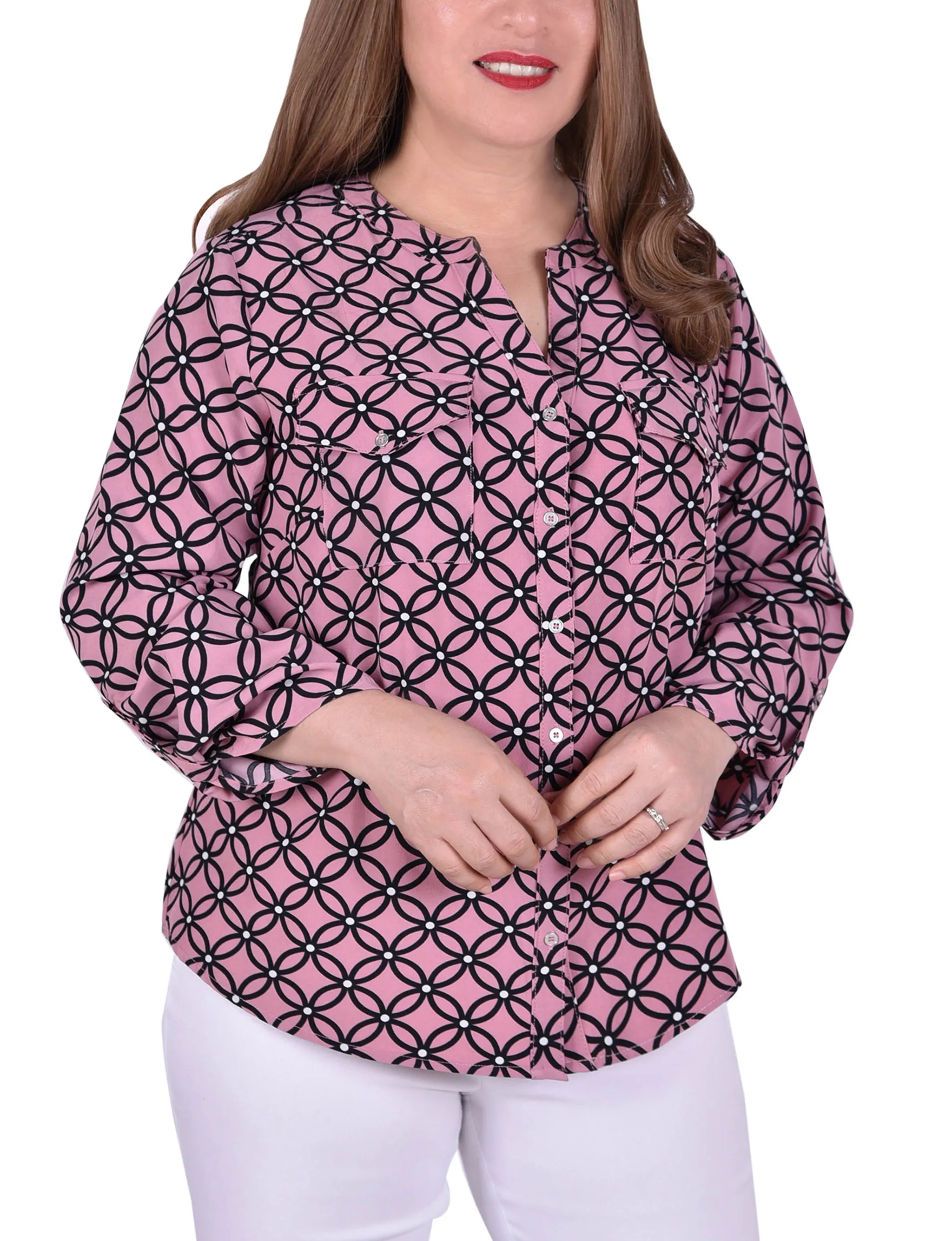 Blouse Y-Neck à manches 3/4 roulées pour Grandes Tailles