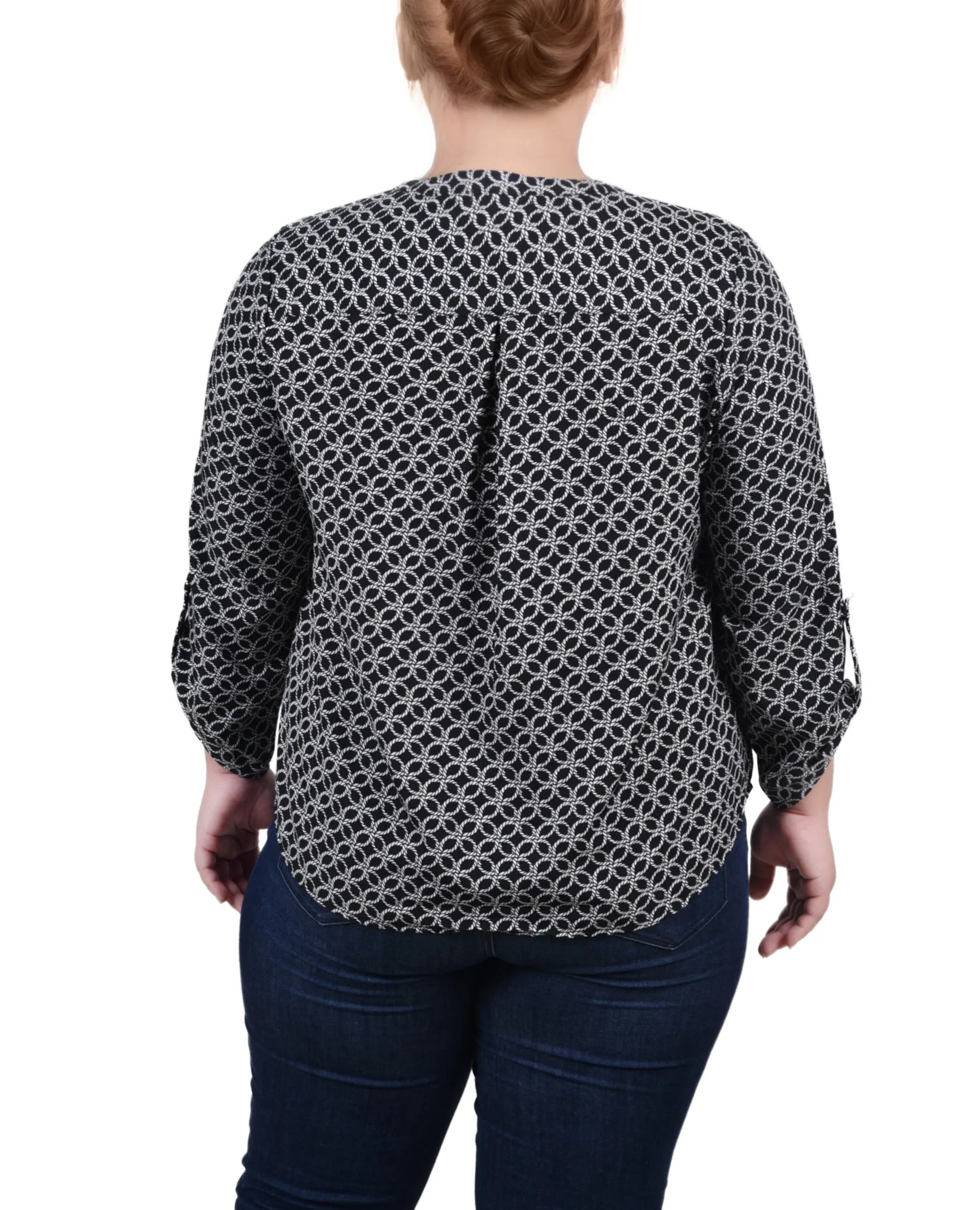 Blouse Y-Neck à manches 3/4 roulées pour Grandes Tailles
