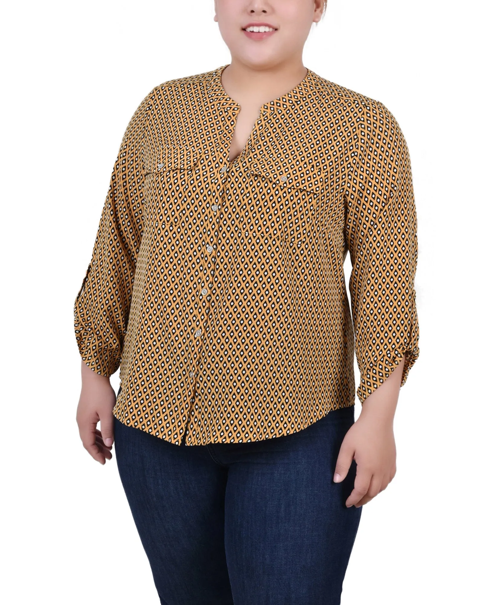 Blouse Y-Neck à manches 3/4 roulées pour Grandes Tailles