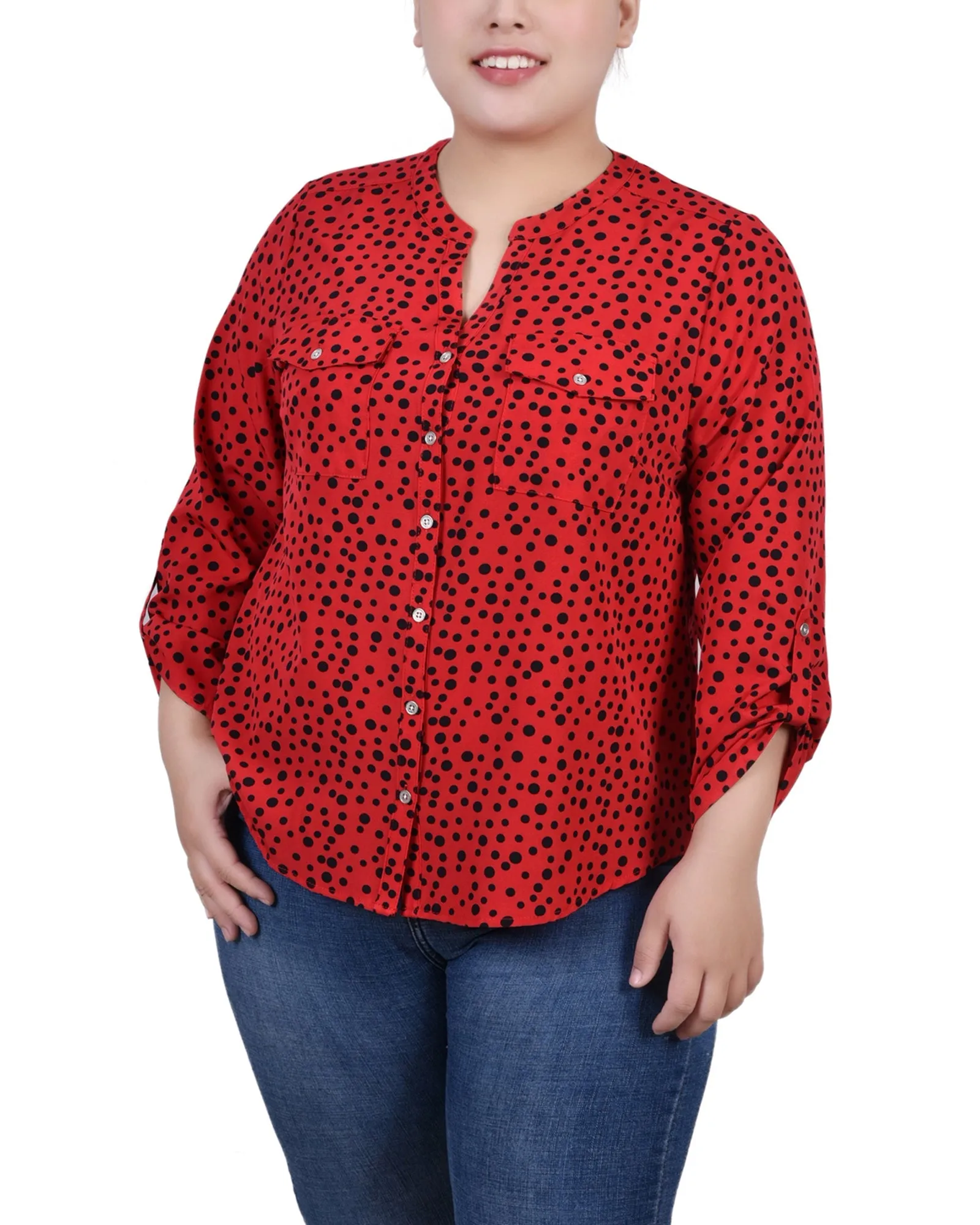 Blouse Y-Neck à manches 3/4 roulées pour Grandes Tailles