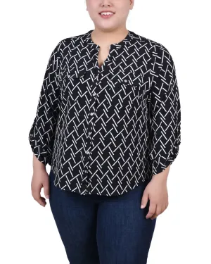 Plus Size 3/4 Roll Tab Sleeve Y-Neck Blouse