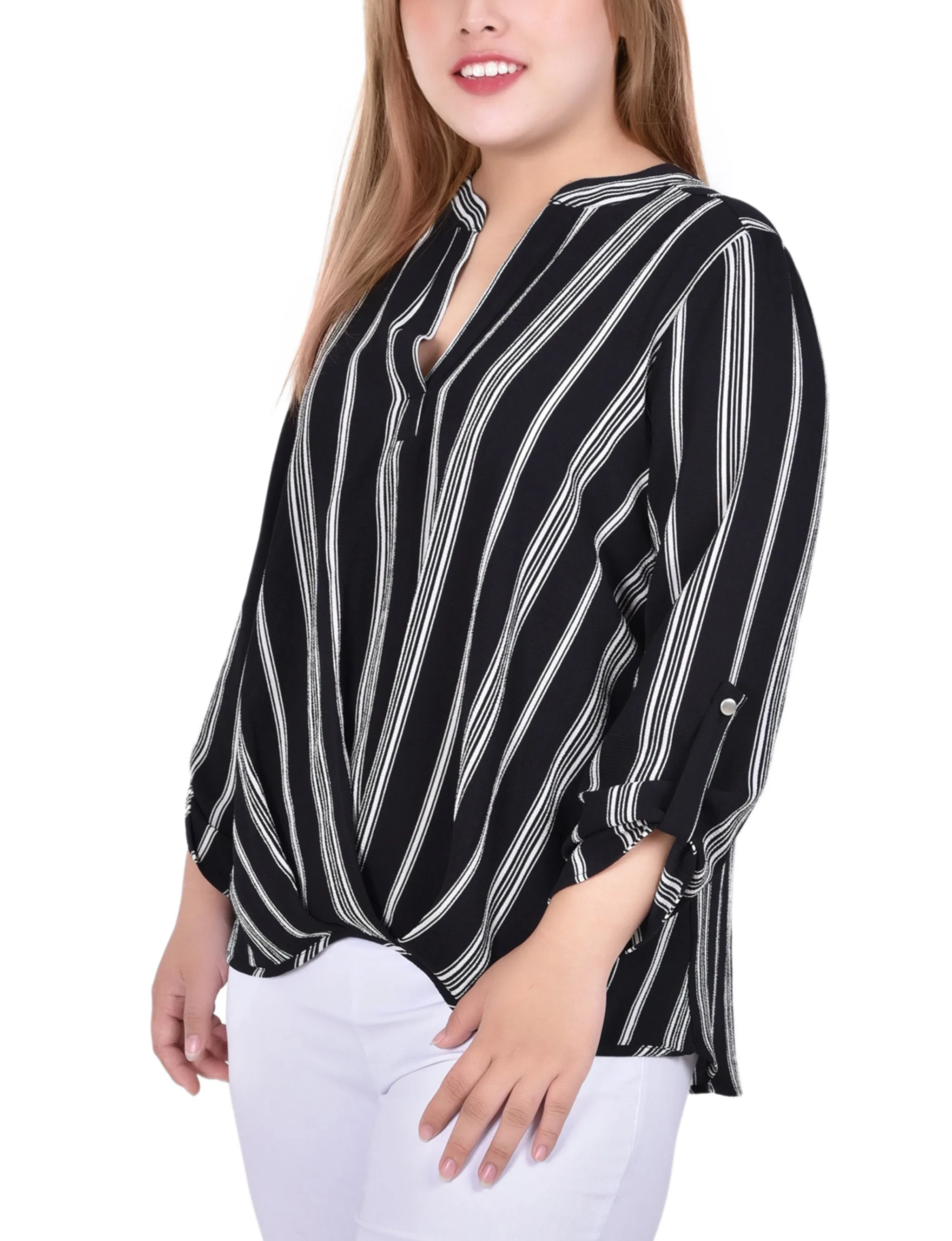 Blouse taille plus à col mandarin avec manches 3/4 et plis avant