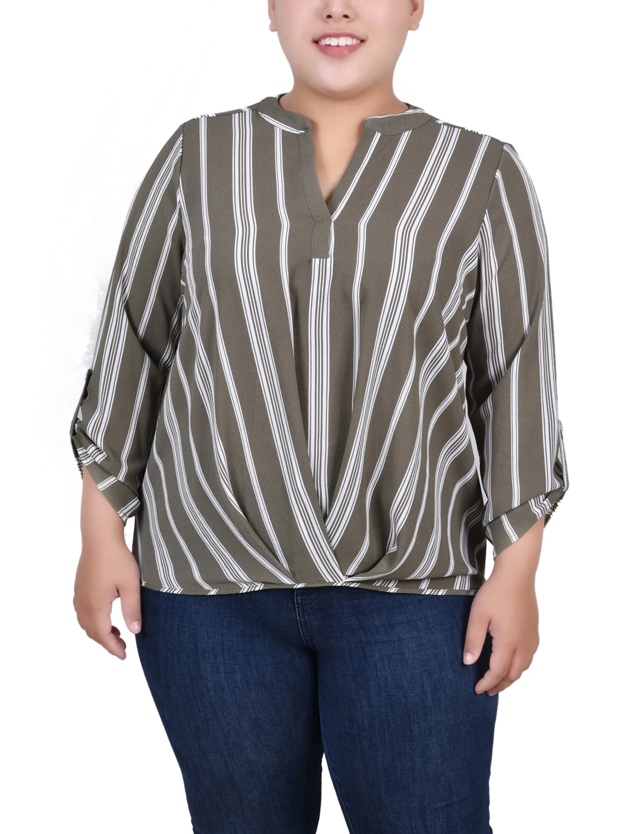 Blouse taille plus à col mandarin avec manches 3/4 et plis avant