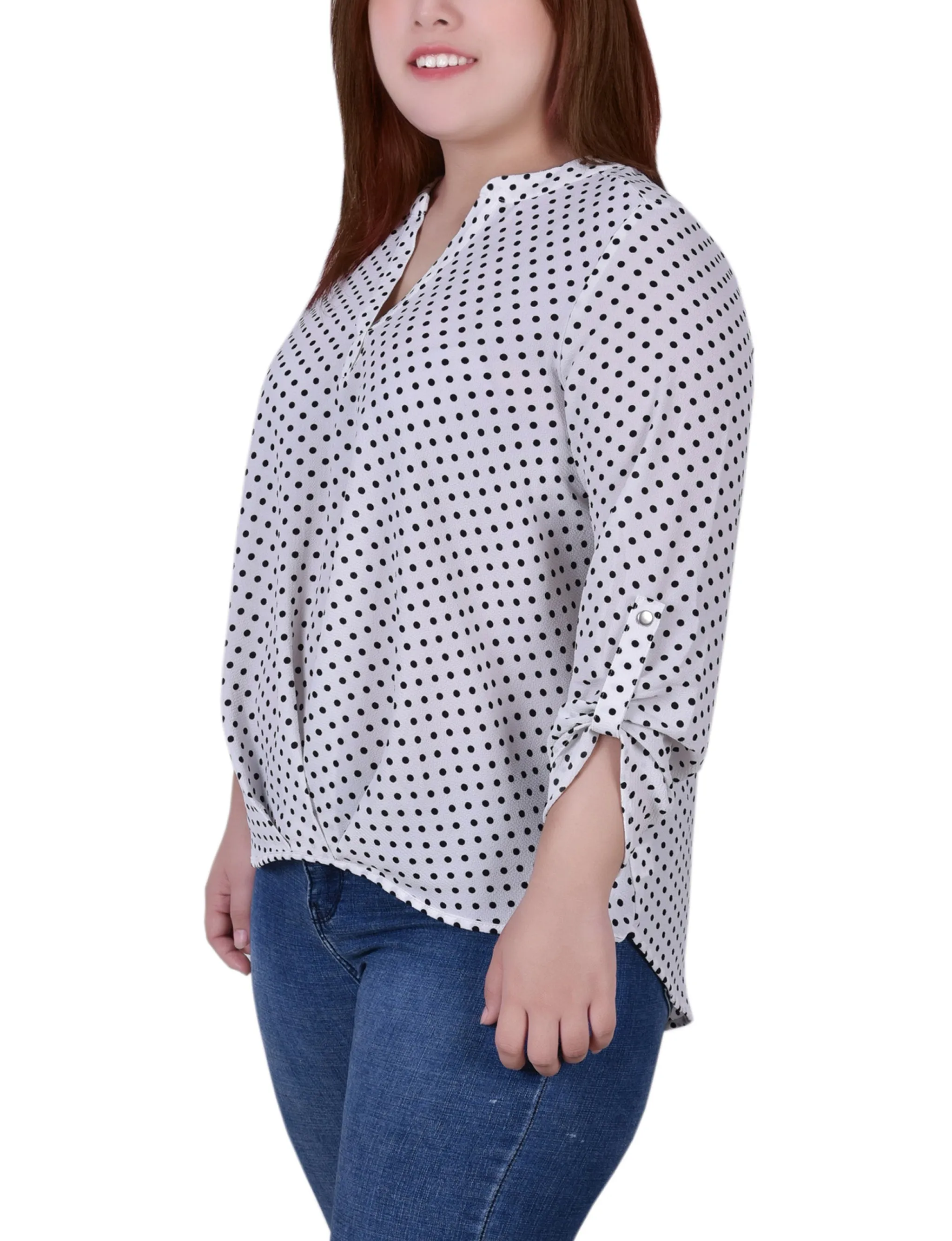 Blouse taille plus à col mandarin avec manches 3/4 et plis avant