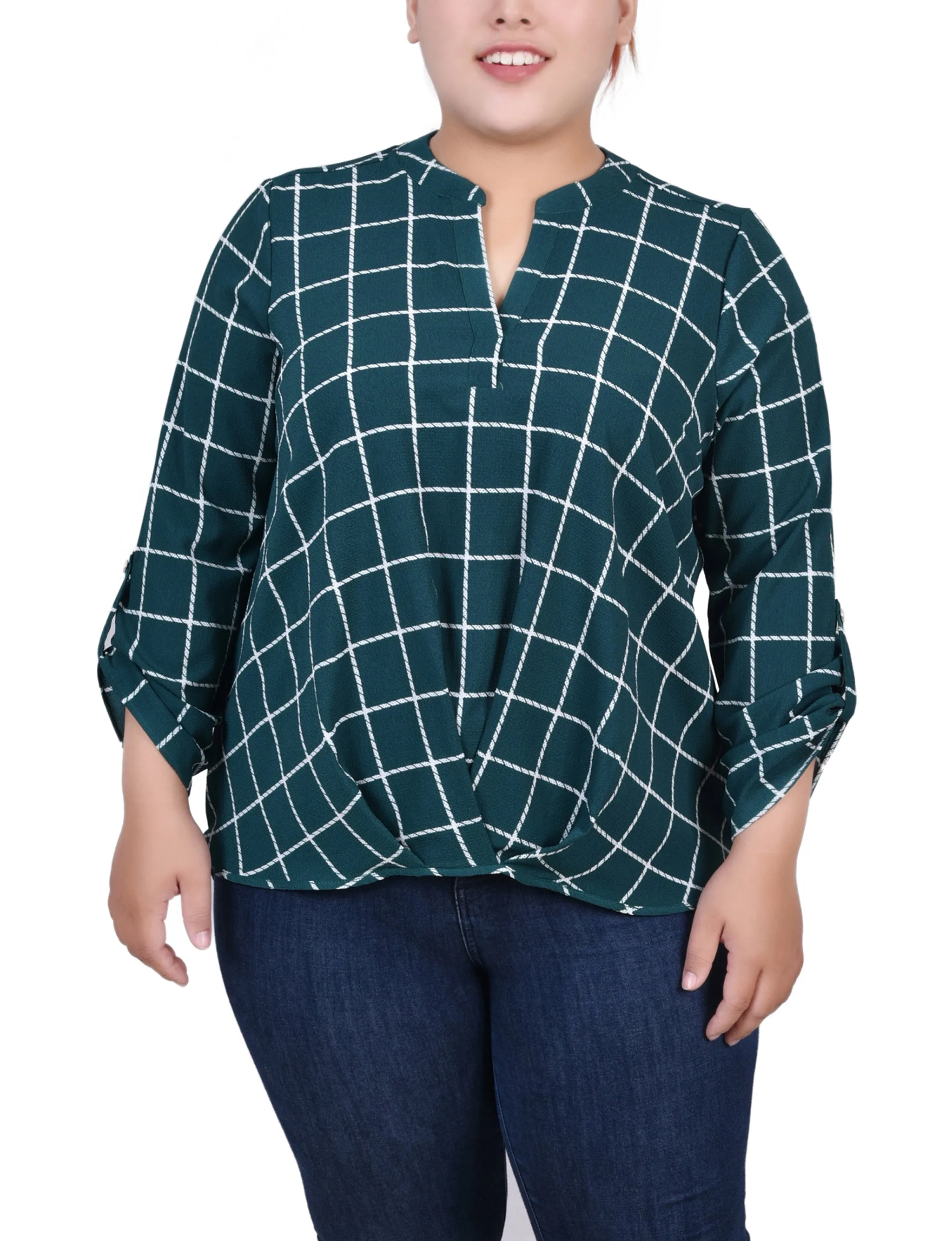 Blouse taille plus à col mandarin avec manches 3/4 et plis avant