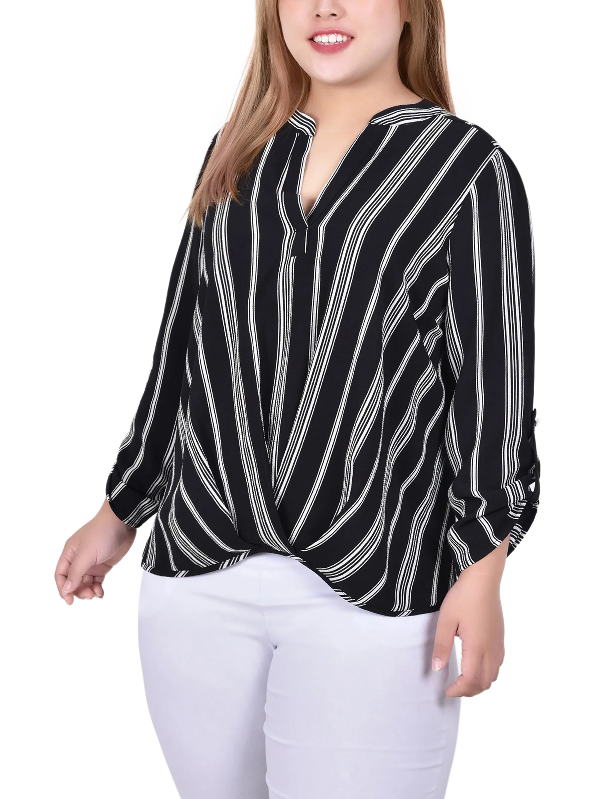 Blouse taille plus à col mandarin avec manches 3/4 et plis avant