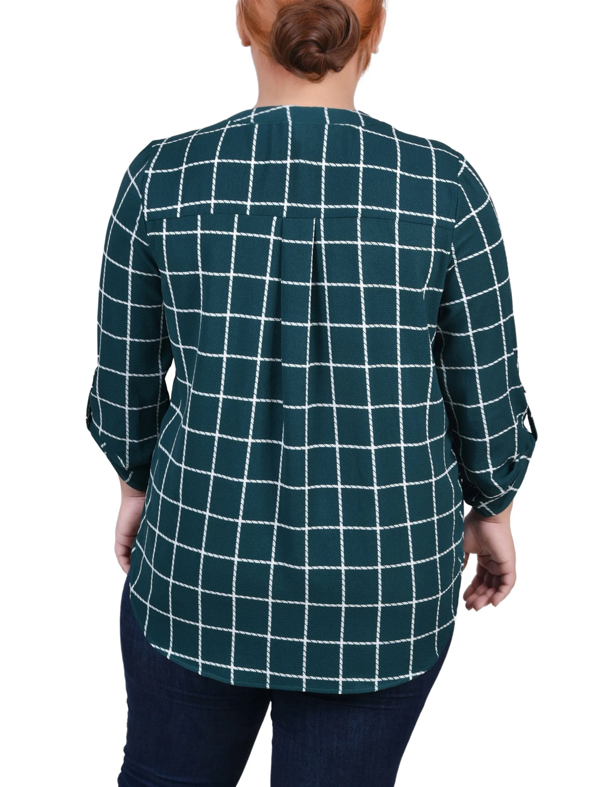 Blouse taille plus à col mandarin avec manches 3/4 et plis avant