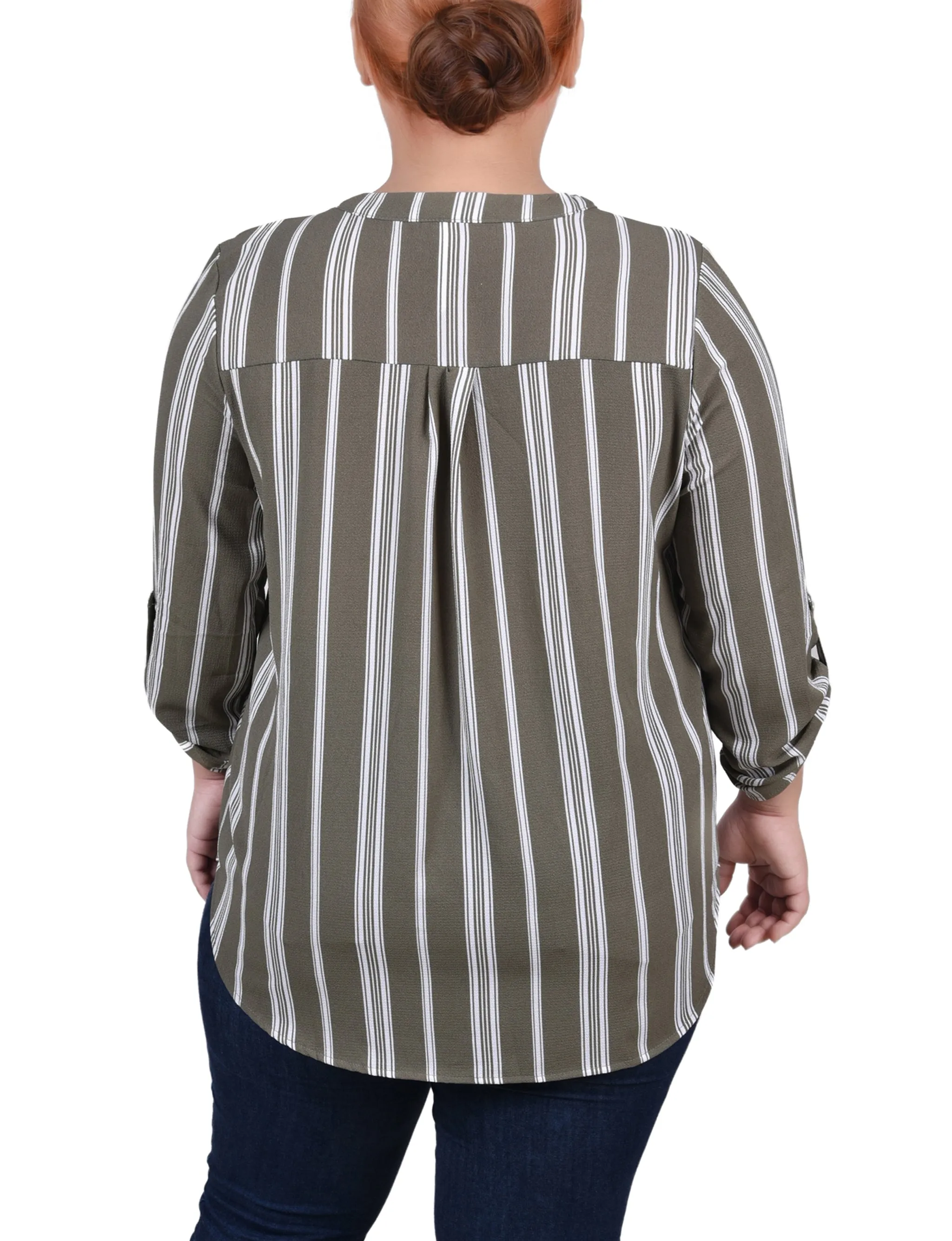 Blouse taille plus à col mandarin avec manches 3/4 et plis avant