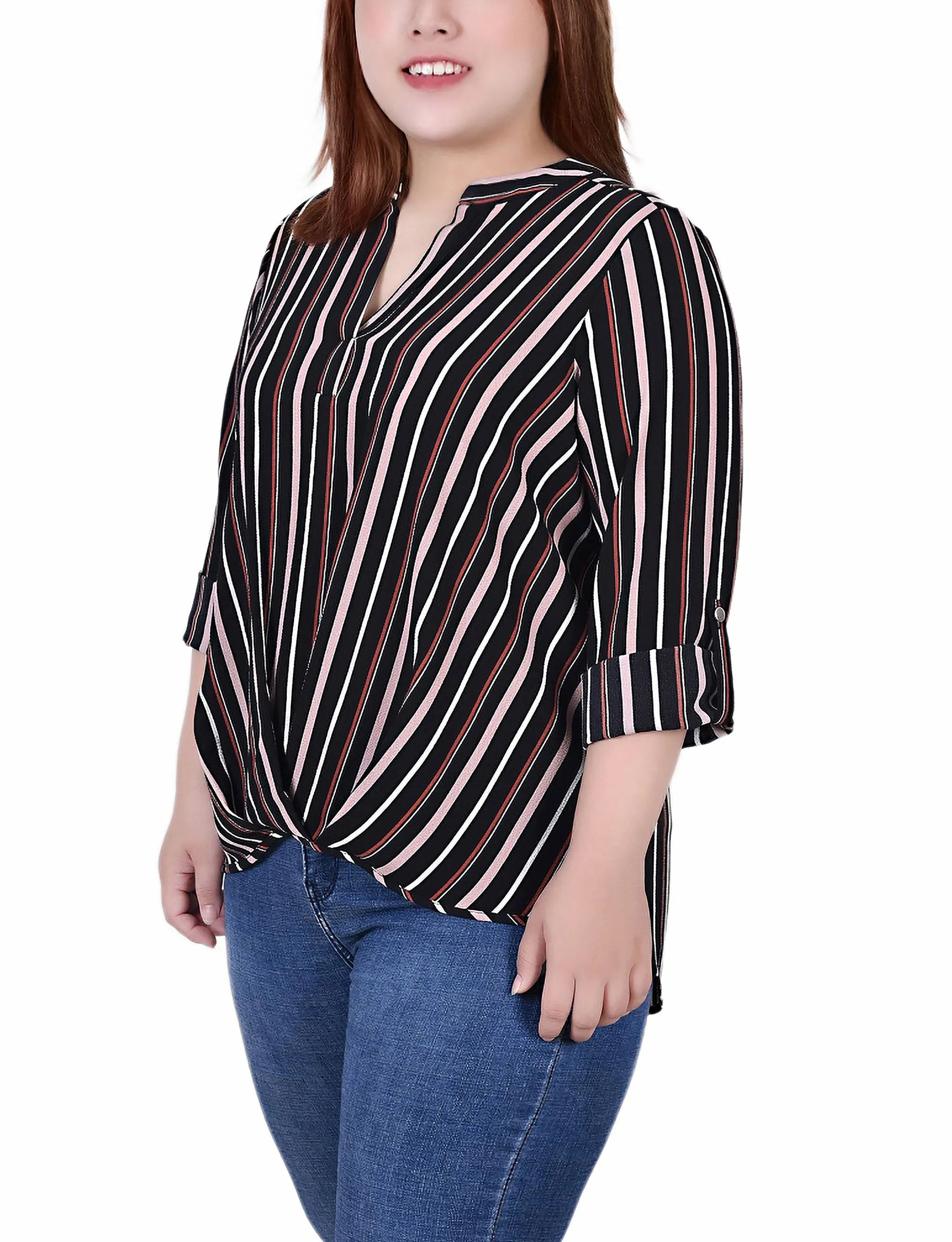 Blouse taille plus à col mandarin avec manches 3/4 et plis avant