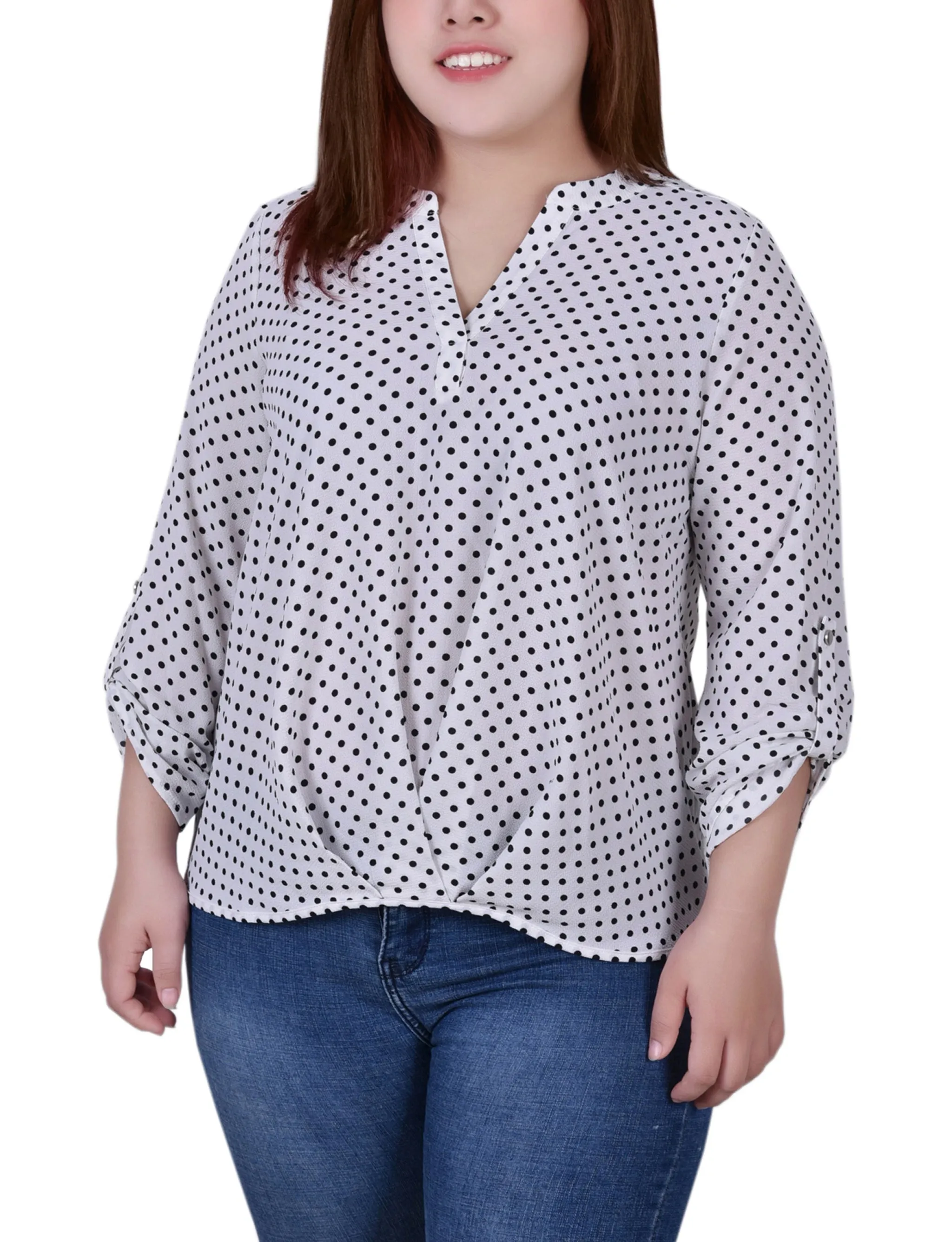 Blouse taille plus à col mandarin avec manches 3/4 et plis avant