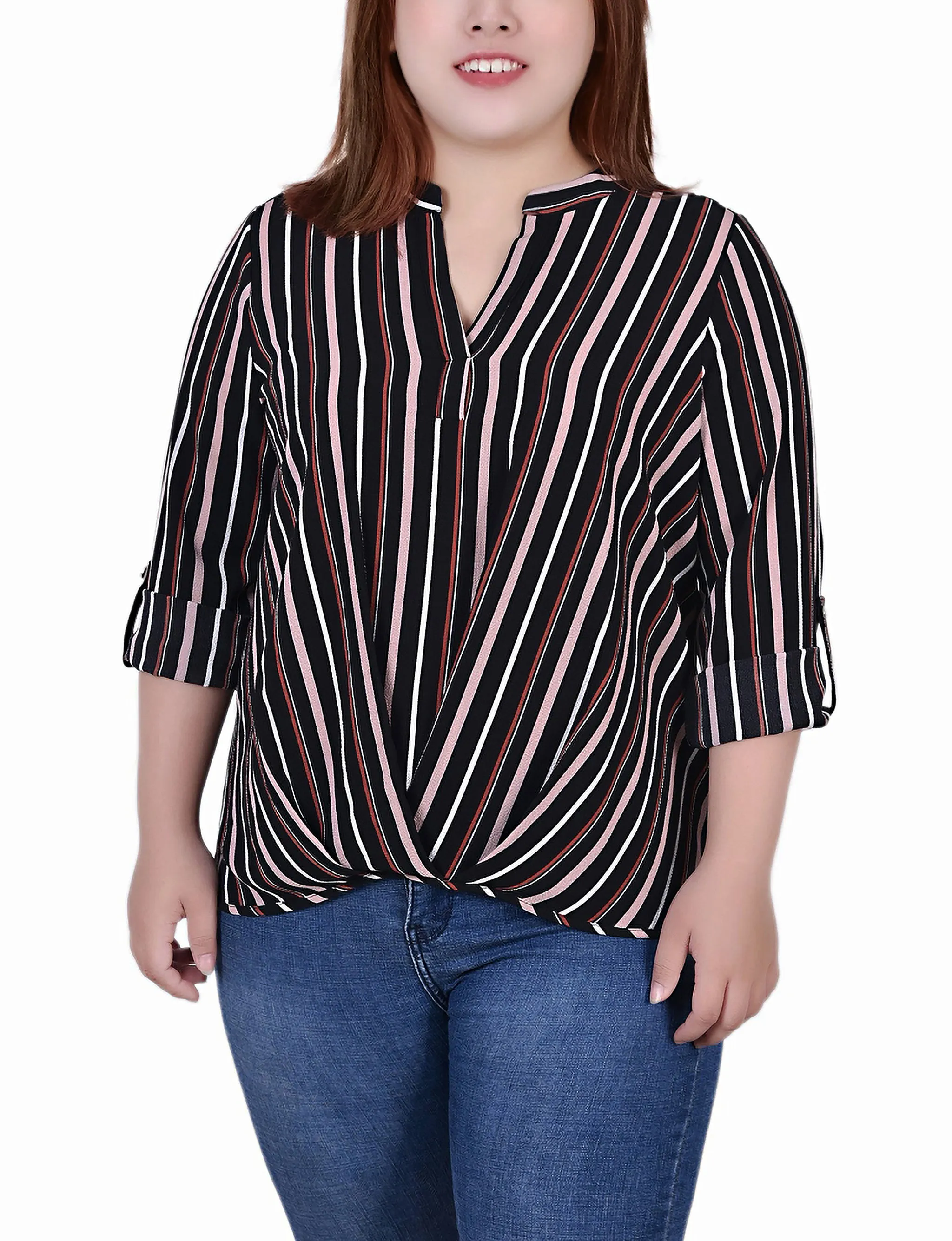 Blouse taille plus à col mandarin avec manches 3/4 et plis avant