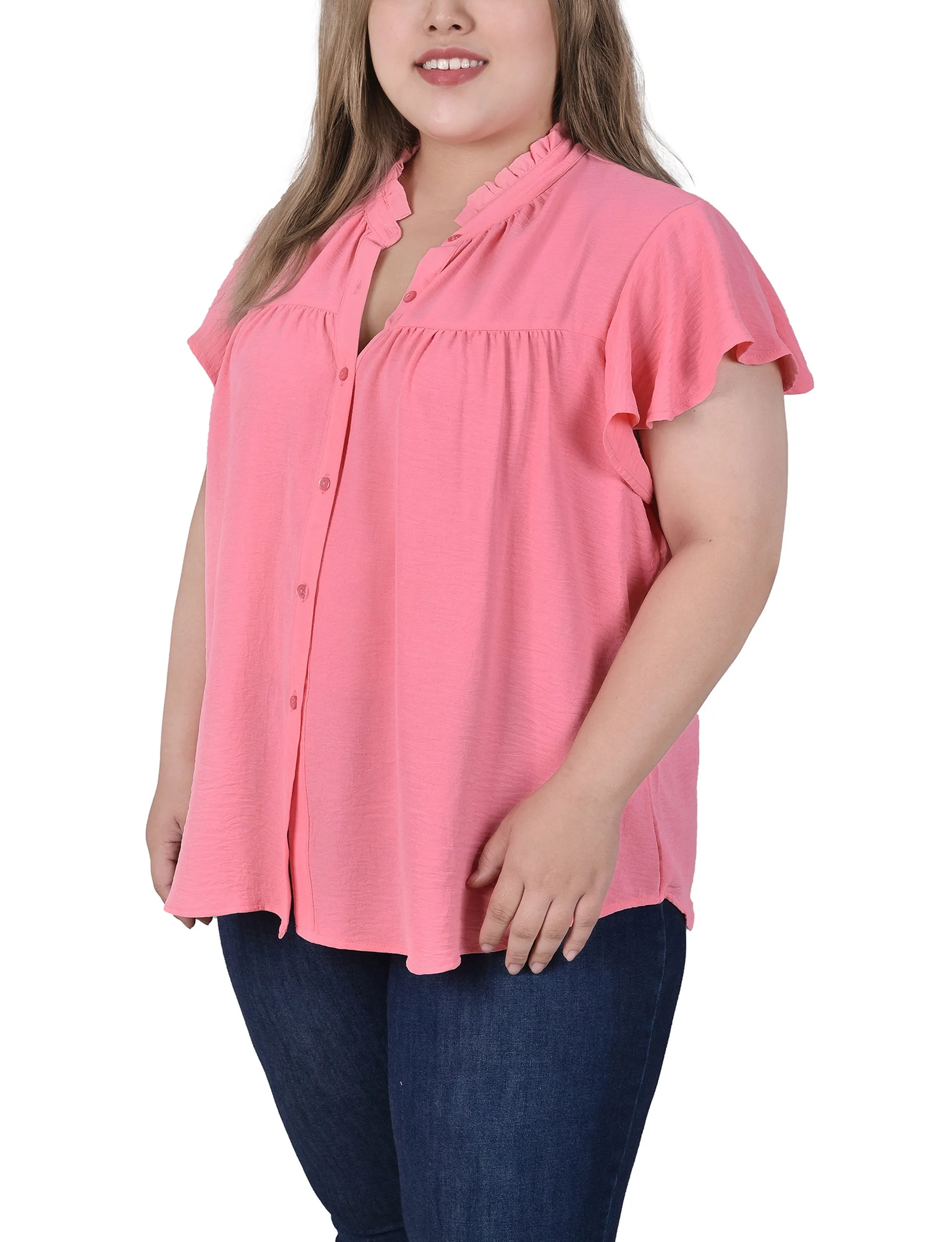 Blouse à encolure volantée et manches papillons pour grande taille