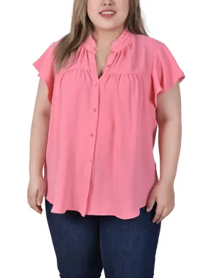 Plus Size Flutter Sleeve Ruffle Neck Blouse