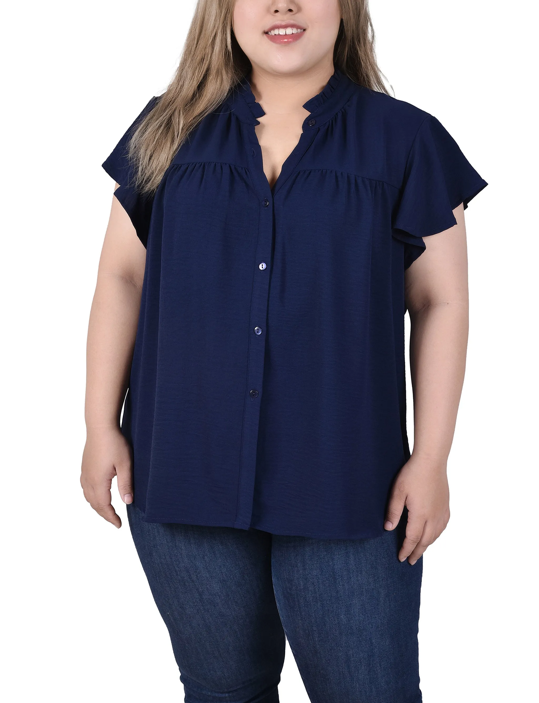 Blouse à encolure volantée et manches papillons pour grande taille