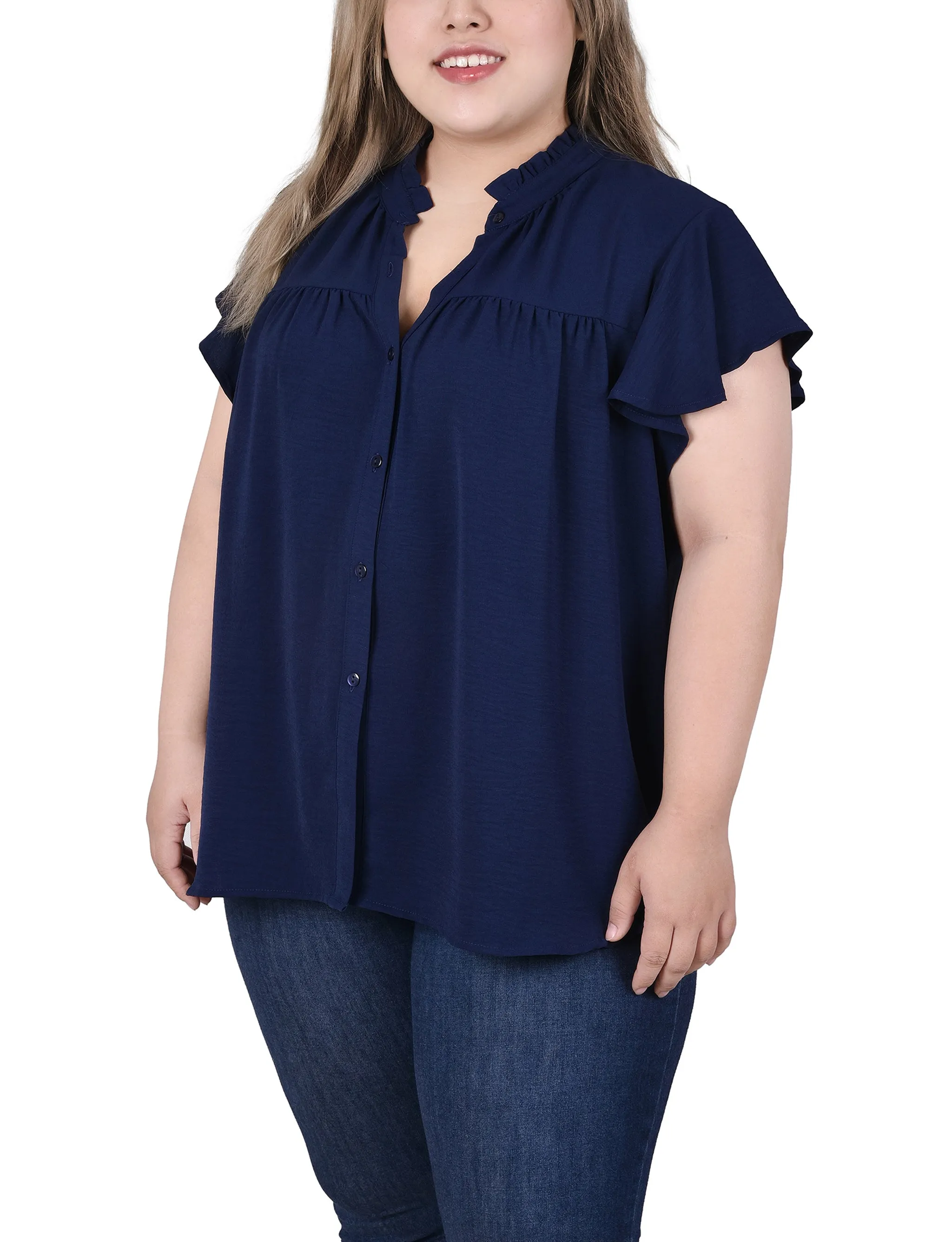 Blouse à encolure volantée et manches papillons pour grande taille
