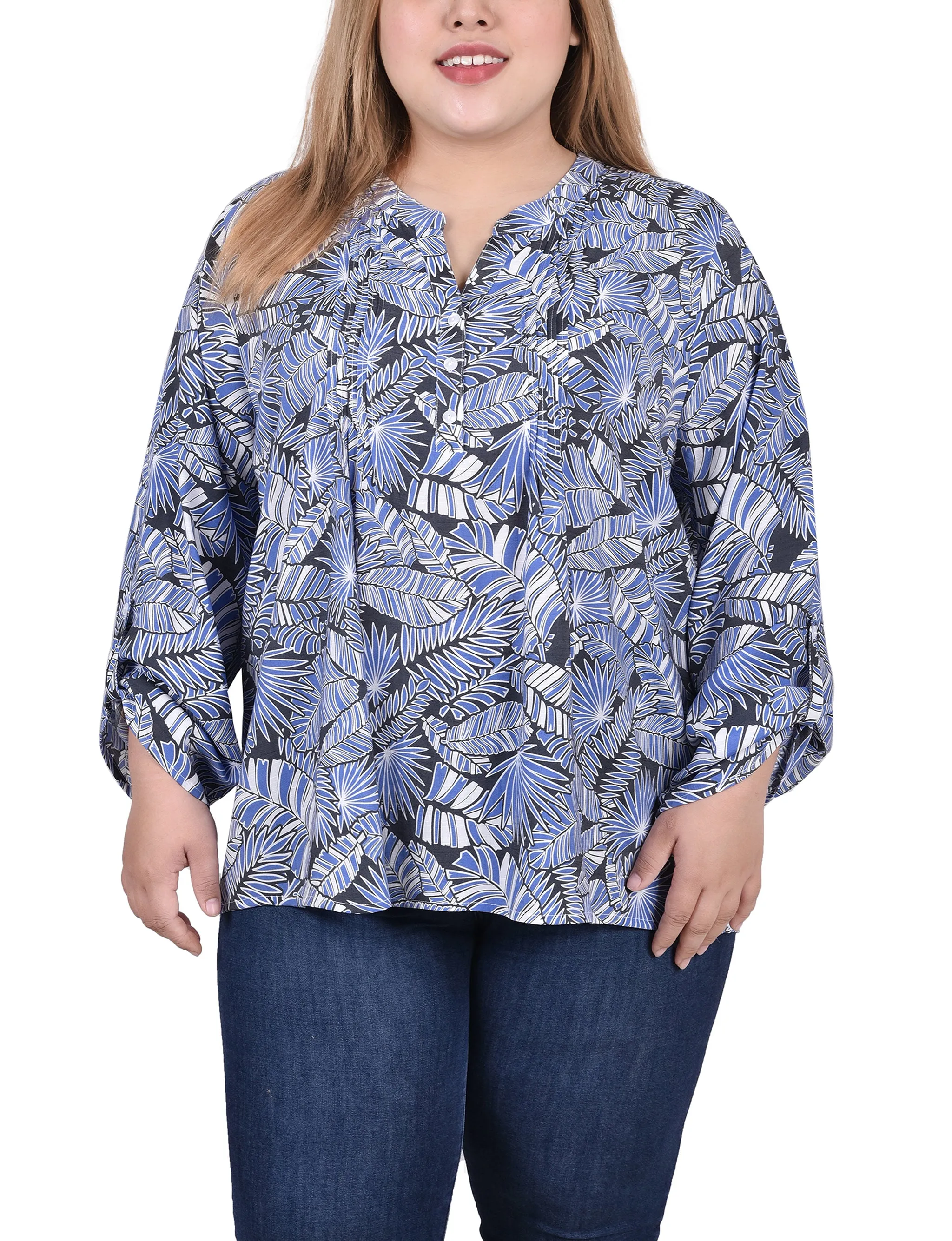 Blouse taille plus à manches longues avec patte d'enroulement et plis froncés sur le devant