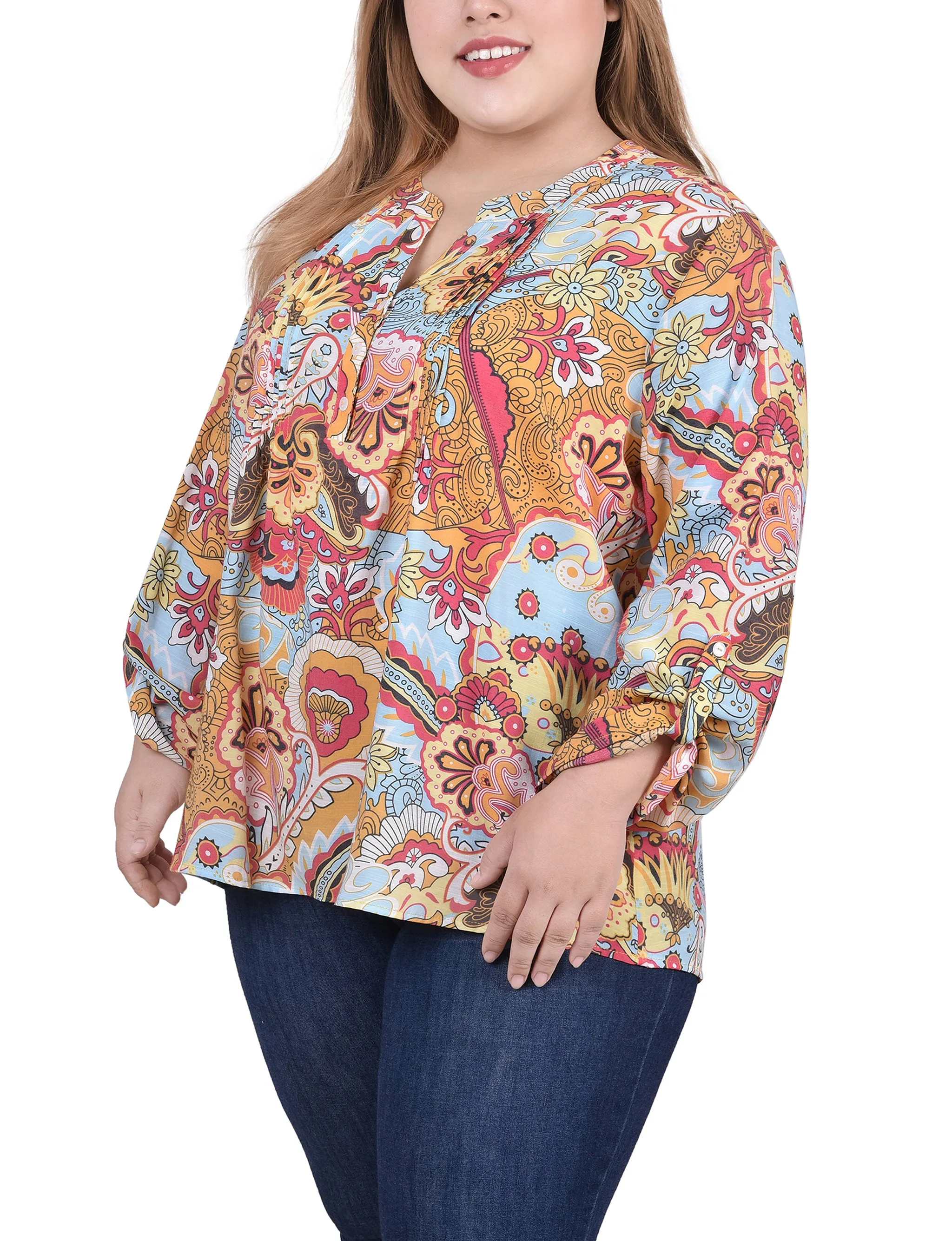 Blouse taille plus à manches longues avec patte d'enroulement et plis froncés sur le devant