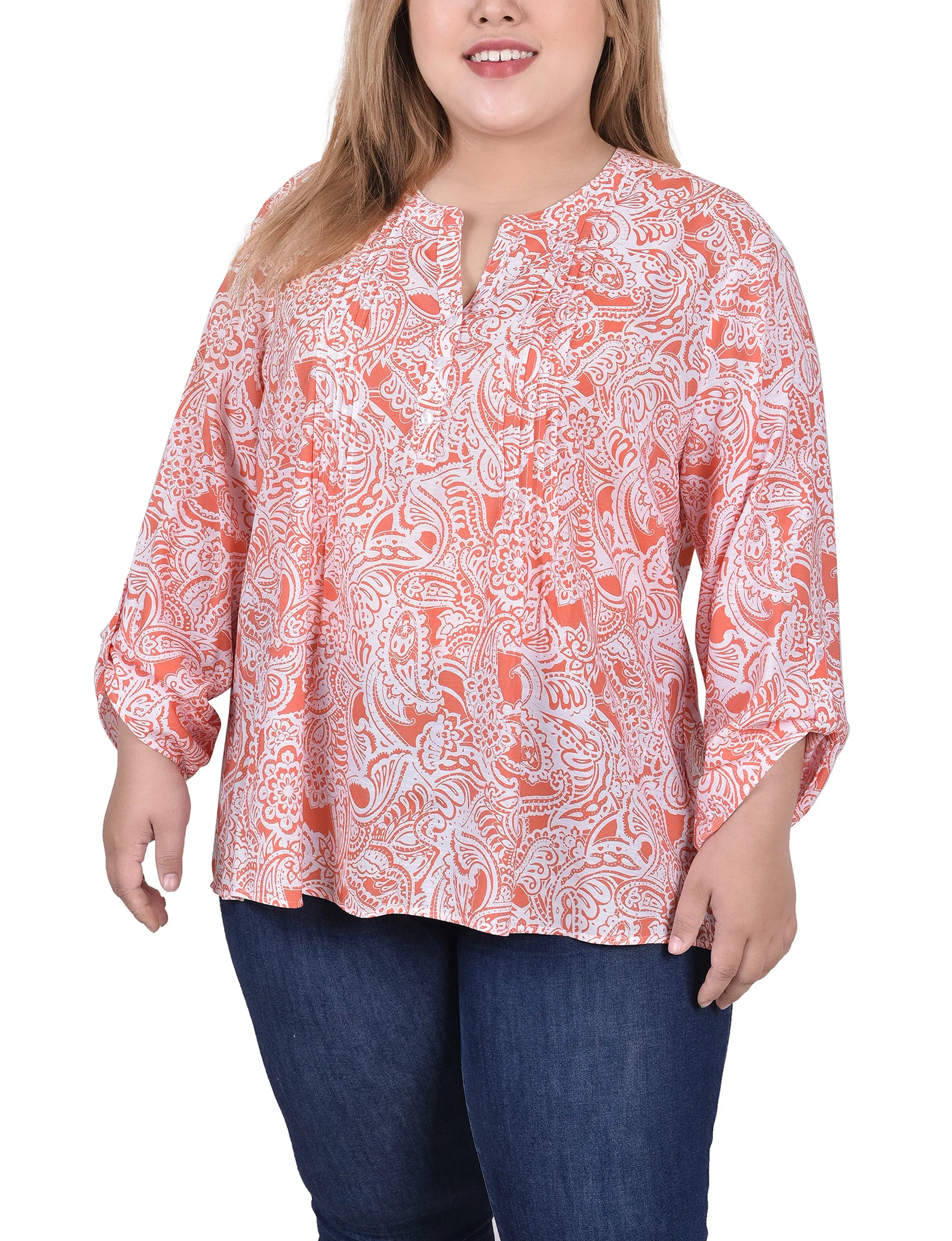 Blouse taille plus à manches longues avec patte d'enroulement et plis froncés sur le devant