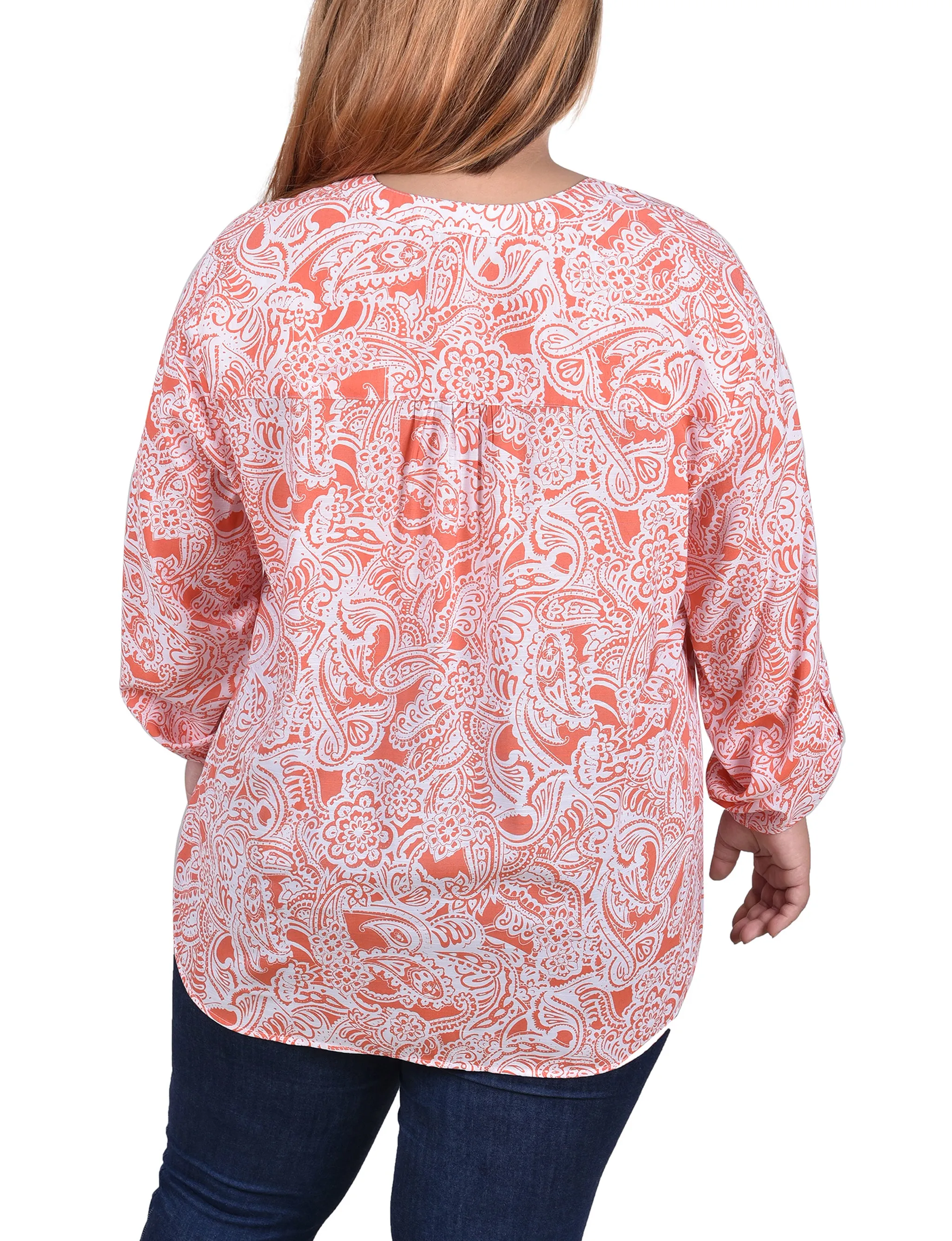 Blouse taille plus à manches longues avec patte d'enroulement et plis froncés sur le devant