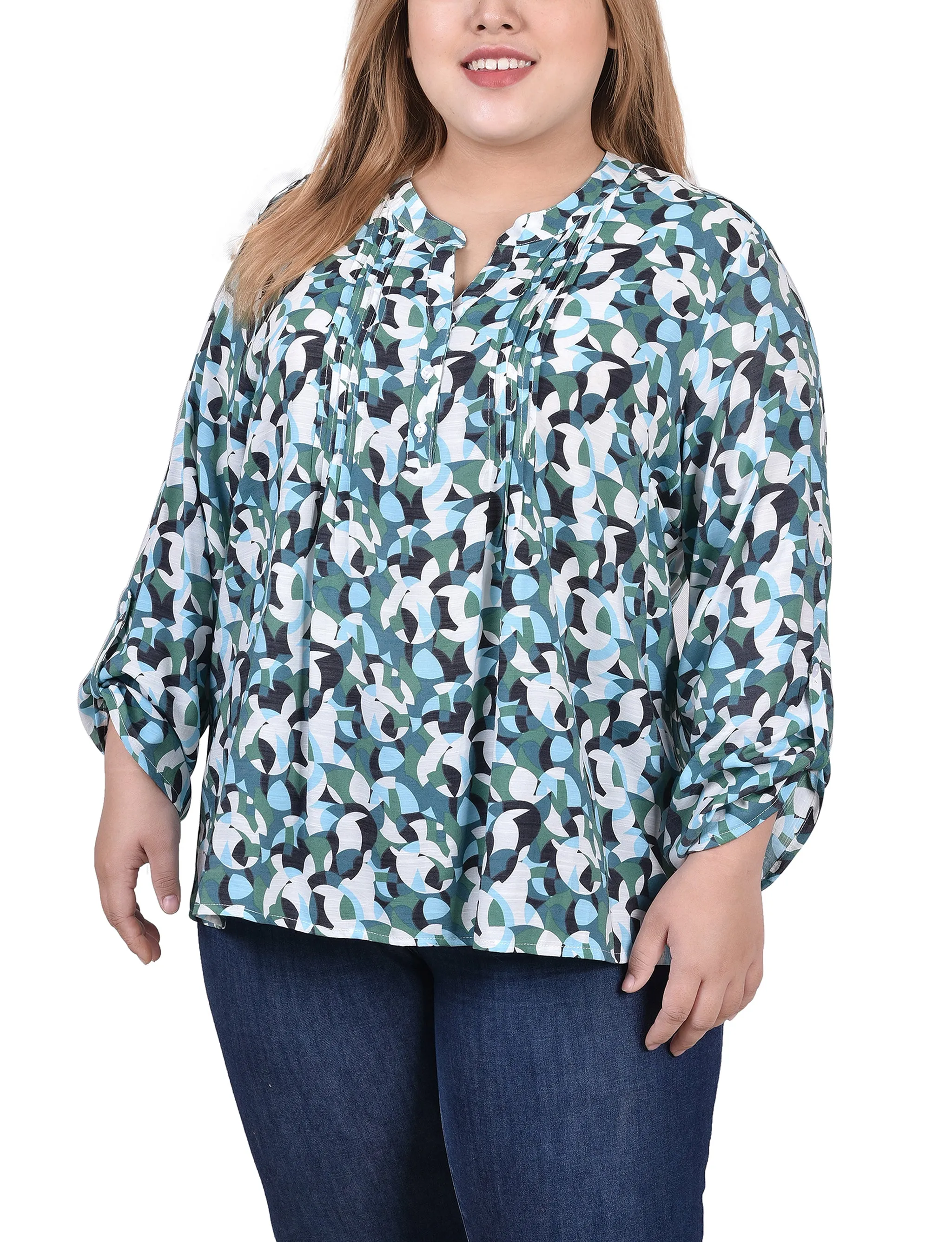 Blouse taille plus à manches longues avec patte d'enroulement et plis froncés sur le devant