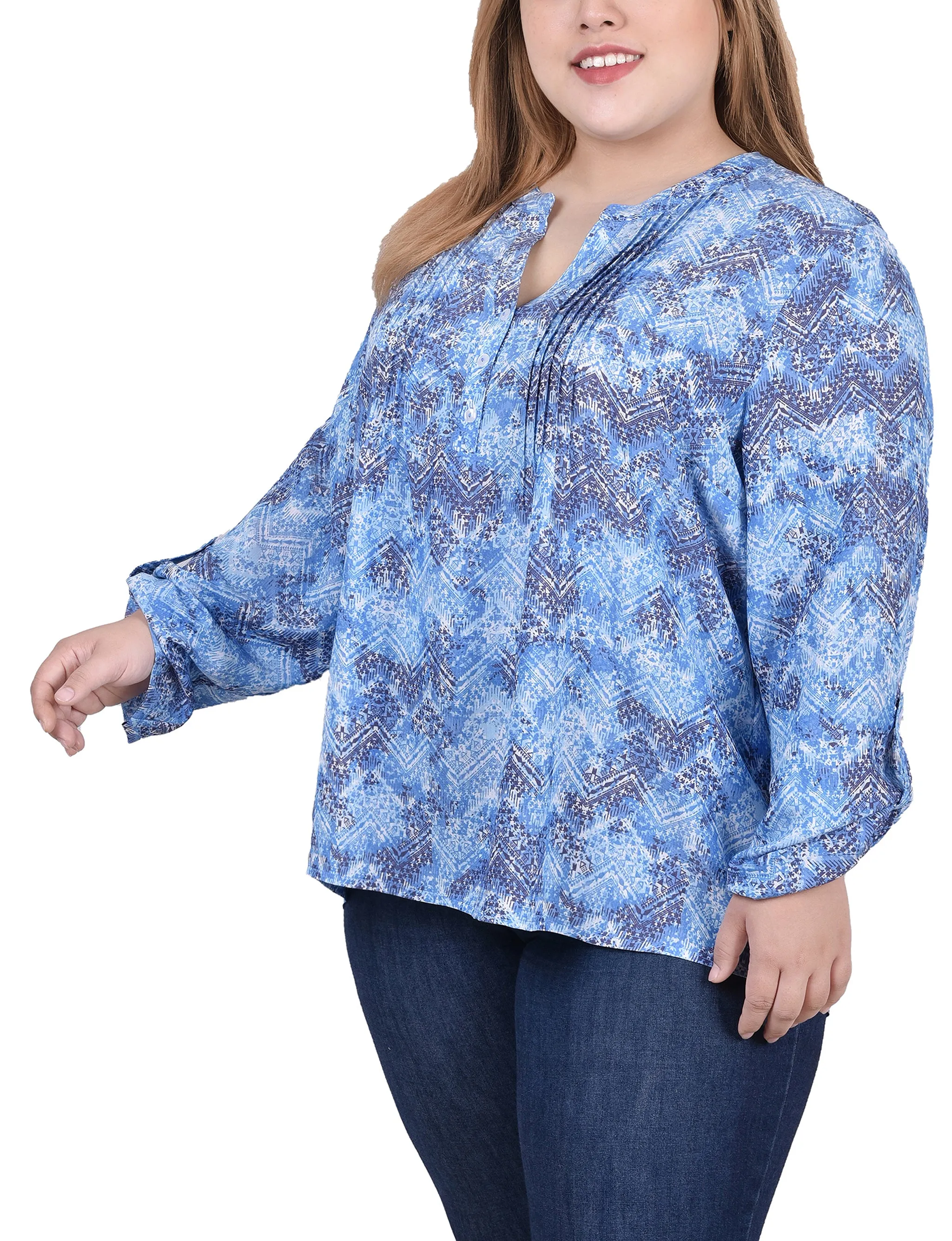 Blouse taille plus à manches longues avec patte d'enroulement et plis froncés sur le devant