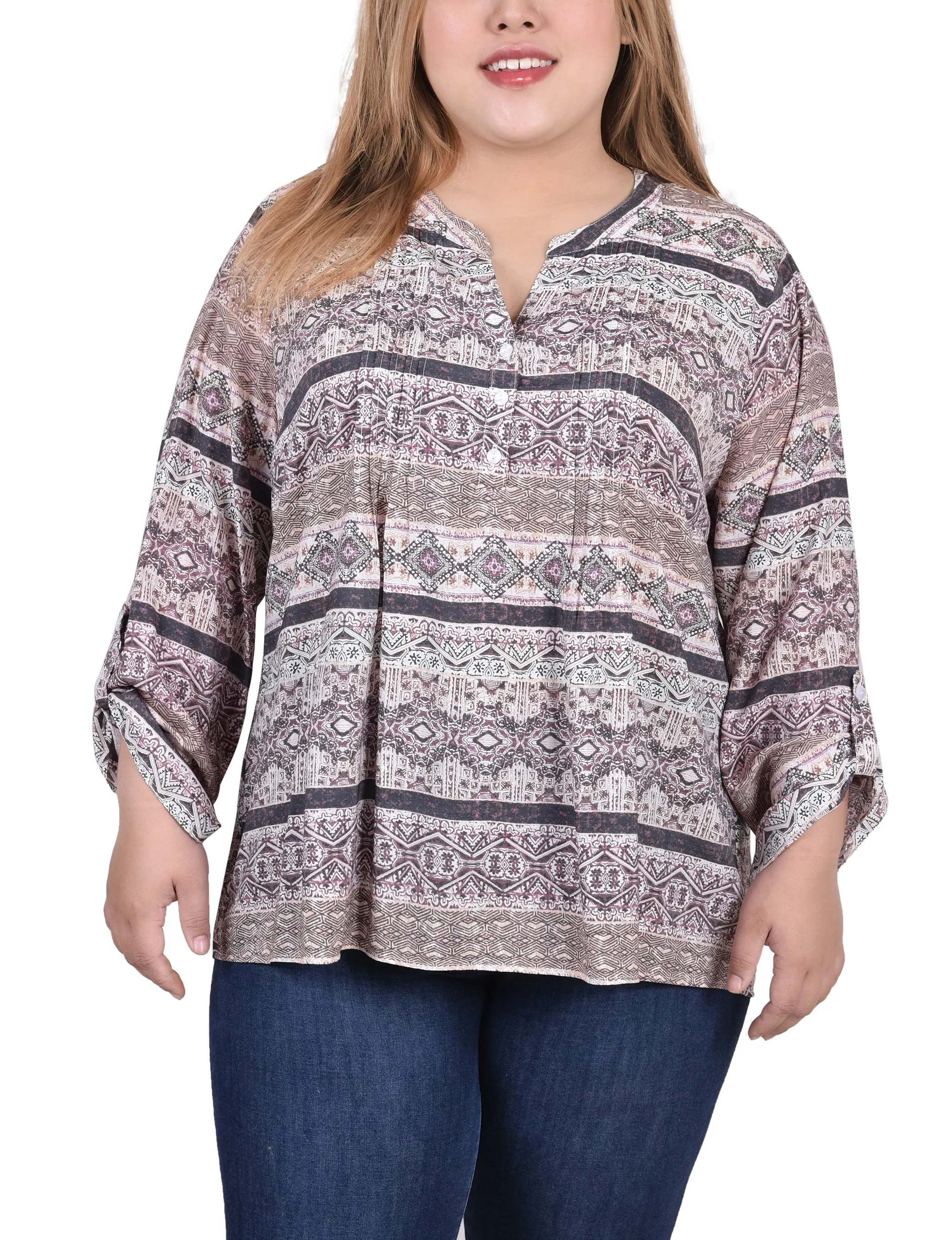 Blouse taille plus à manches longues avec patte d'enroulement et plis froncés sur le devant