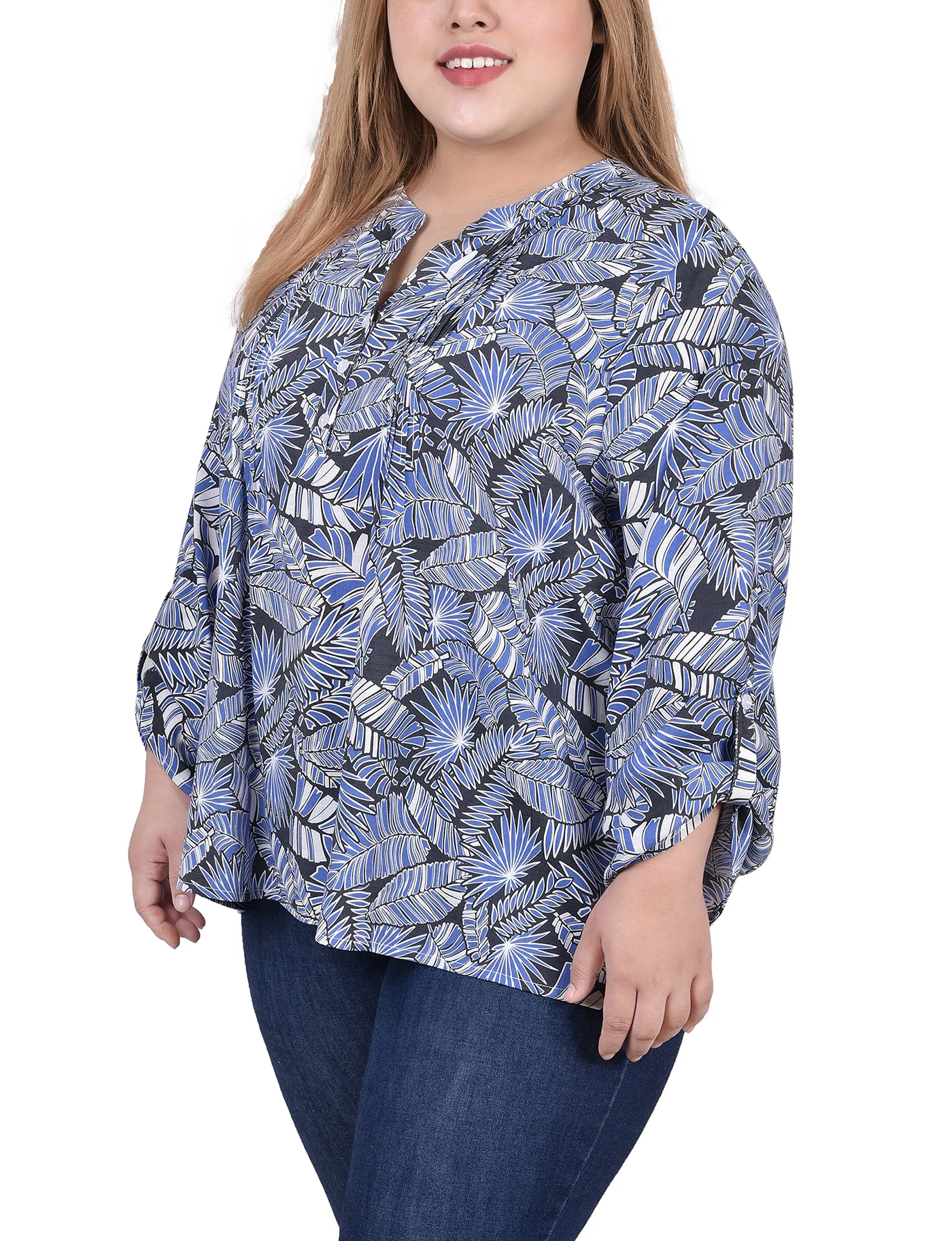 Blouse taille plus à manches longues avec patte d'enroulement et plis froncés sur le devant