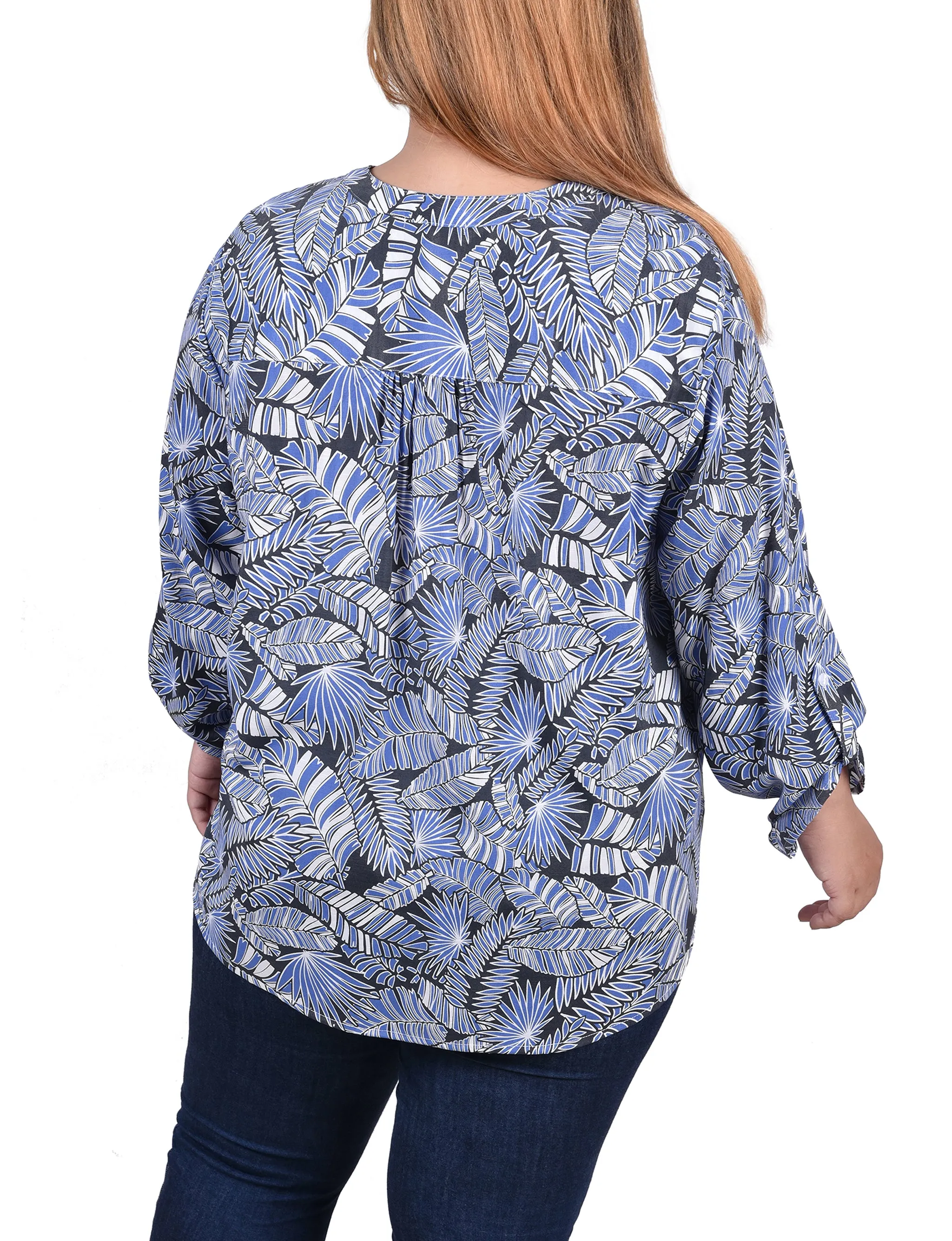 Blouse taille plus à manches longues avec patte d'enroulement et plis froncés sur le devant