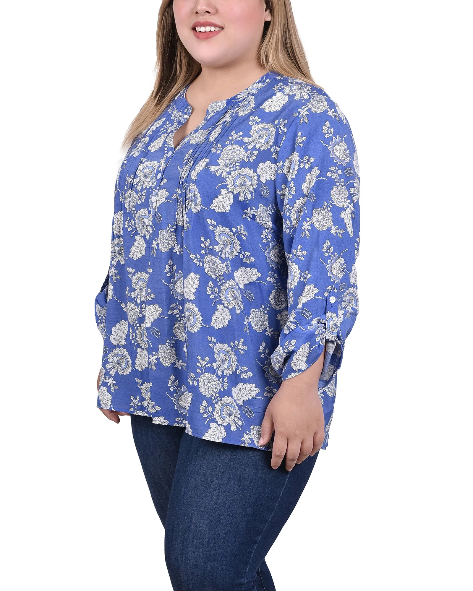 Blouse taille plus à manches longues avec patte d'enroulement et plis froncés sur le devant