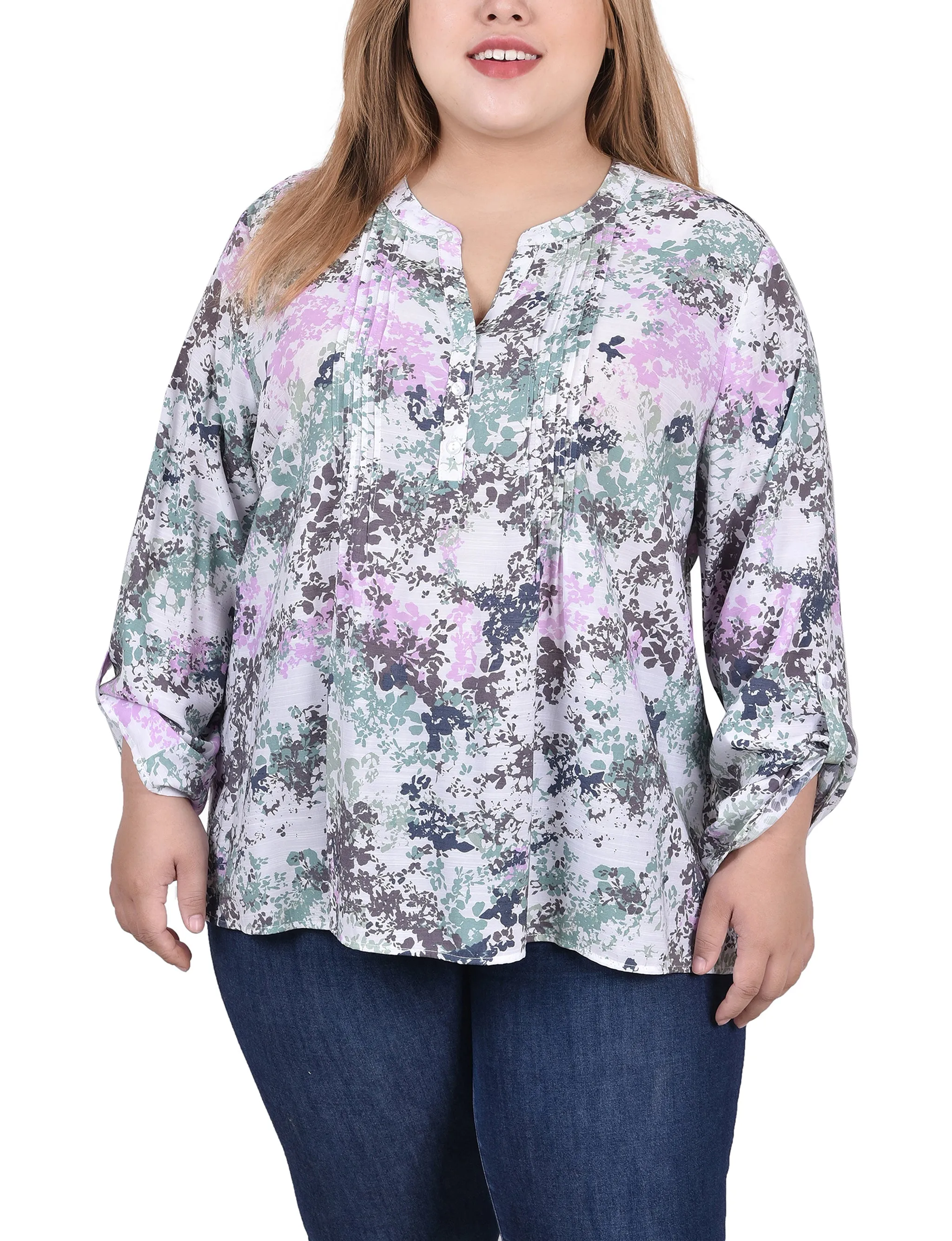 Blouse taille plus à manches longues avec patte d'enroulement et plis froncés sur le devant