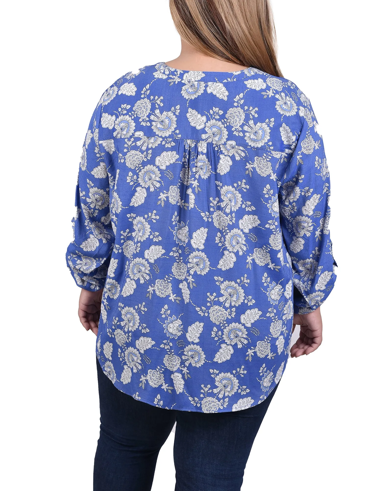 Blouse taille plus à manches longues avec patte d'enroulement et plis froncés sur le devant