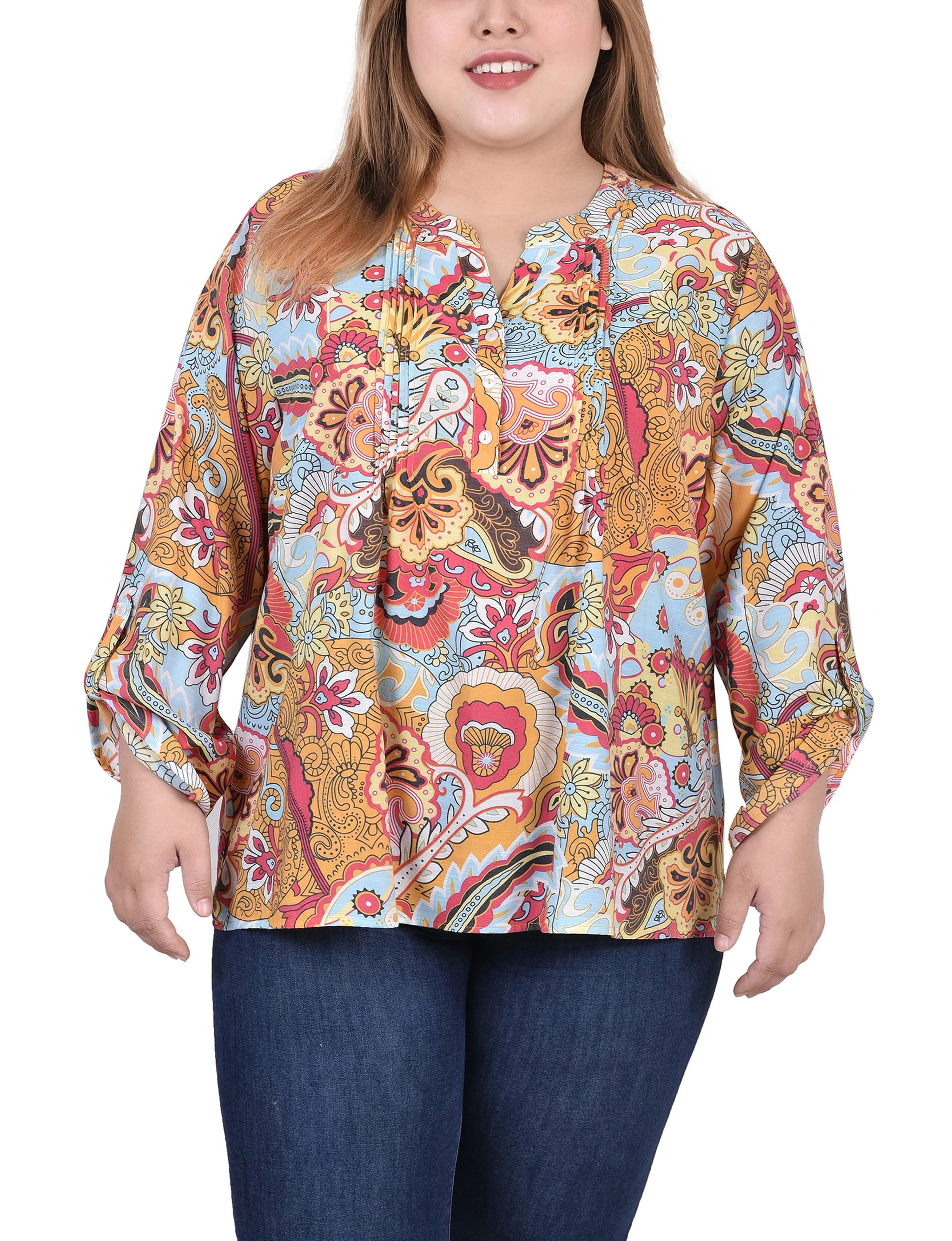 Blouse taille plus à manches longues avec patte d'enroulement et plis froncés sur le devant
