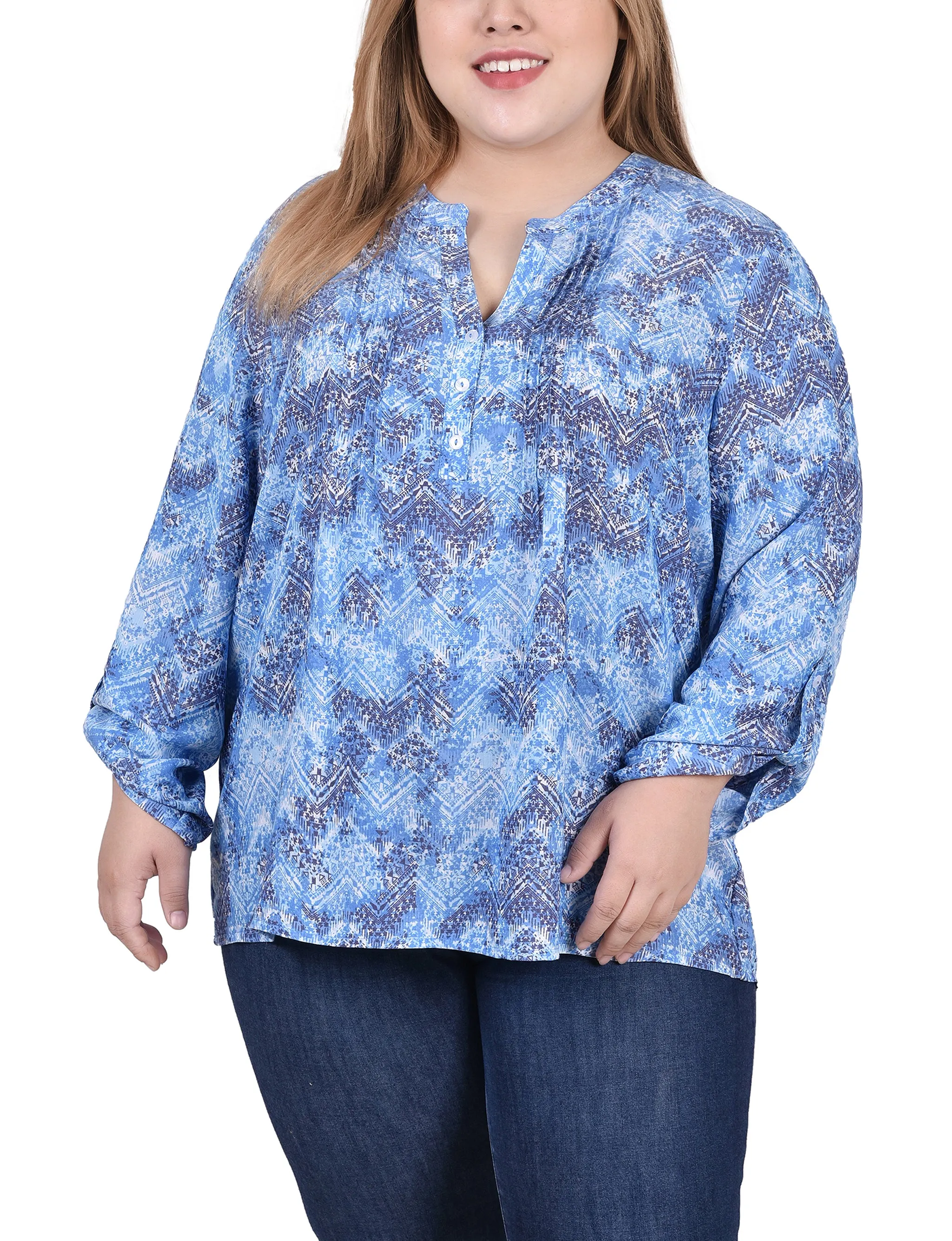 Blouse taille plus à manches longues avec patte d'enroulement et plis froncés sur le devant