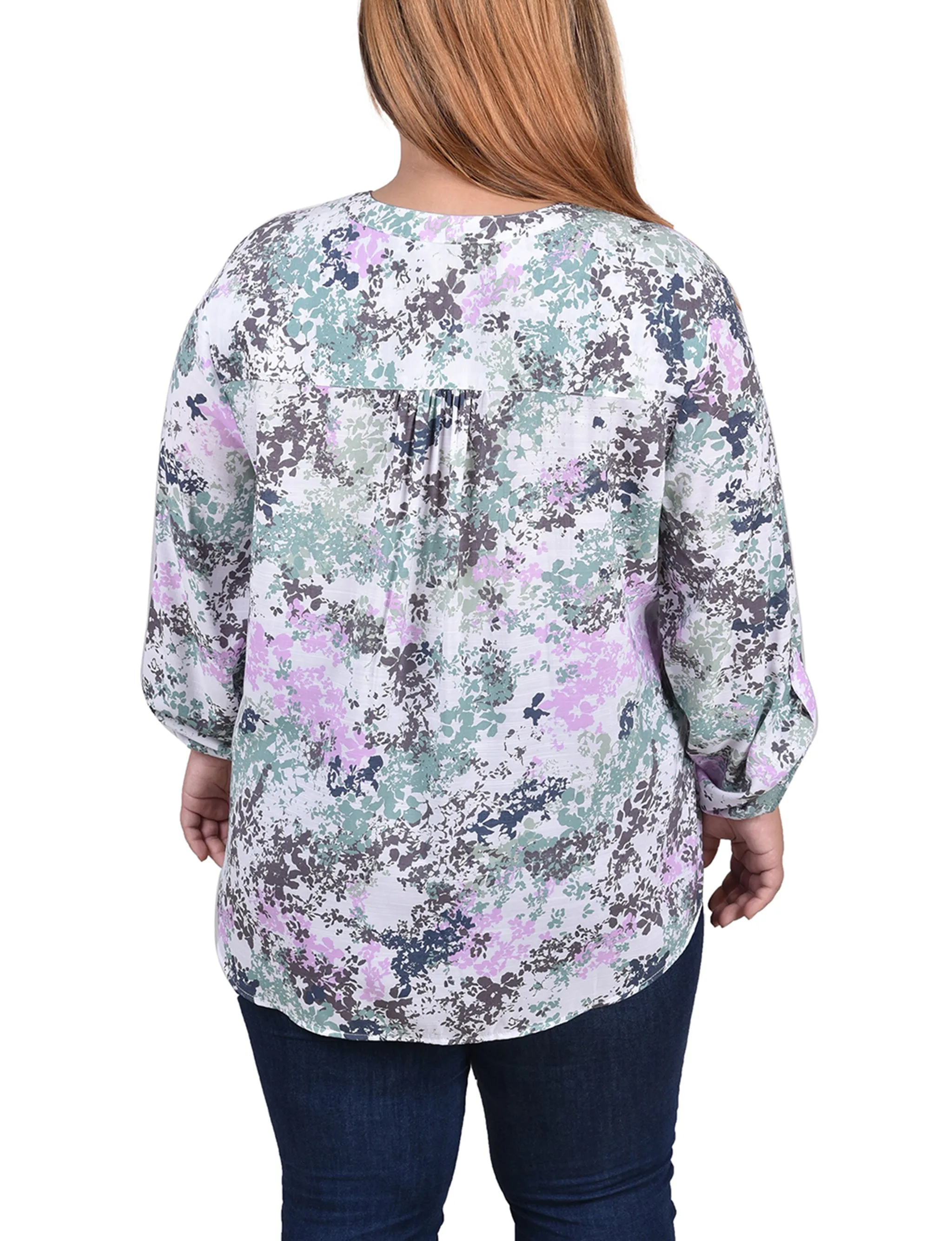 Blouse taille plus à manches longues avec patte d'enroulement et plis froncés sur le devant