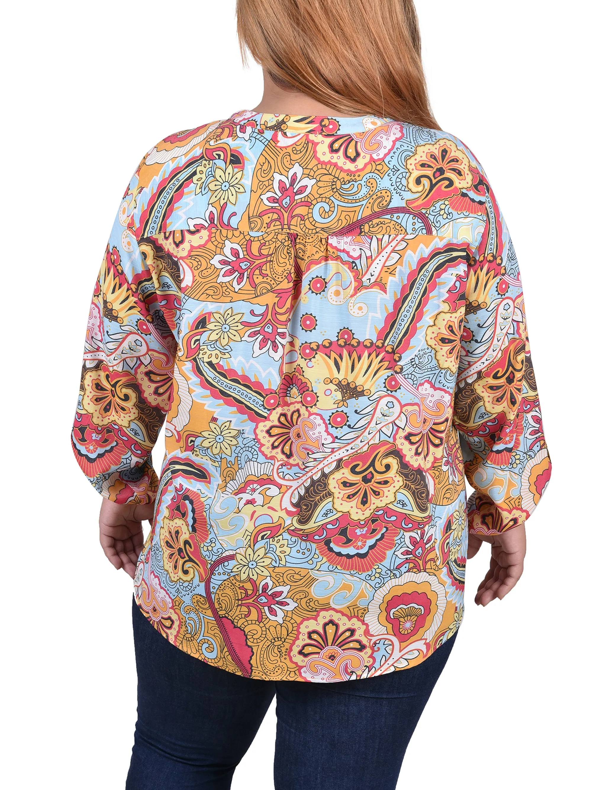 Blouse taille plus à manches longues avec patte d'enroulement et plis froncés sur le devant