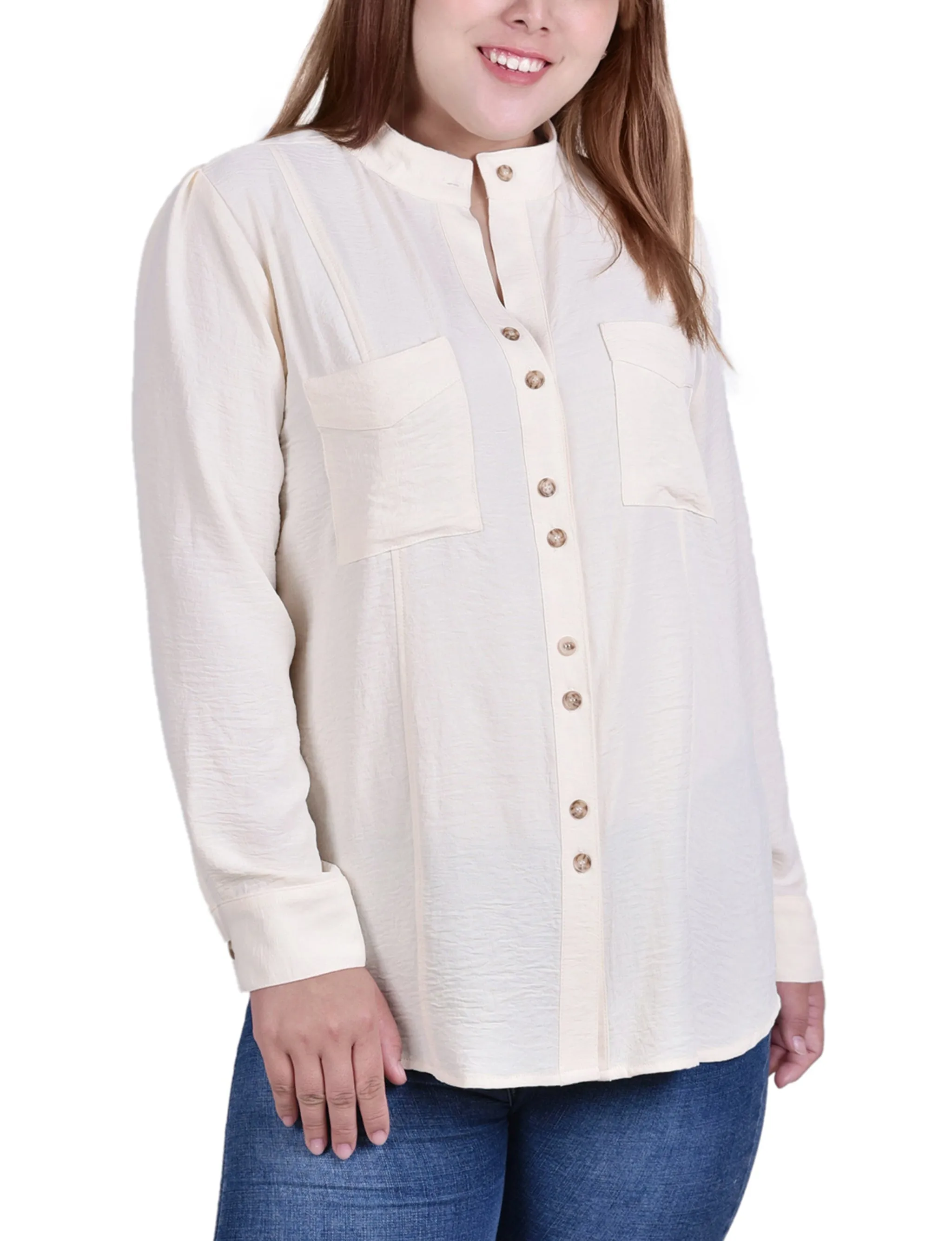 Blouse à col mandarin à manches longues pour grande taille