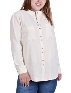 Plus Size Long Sleeve Button Mandarin Collar Blouse