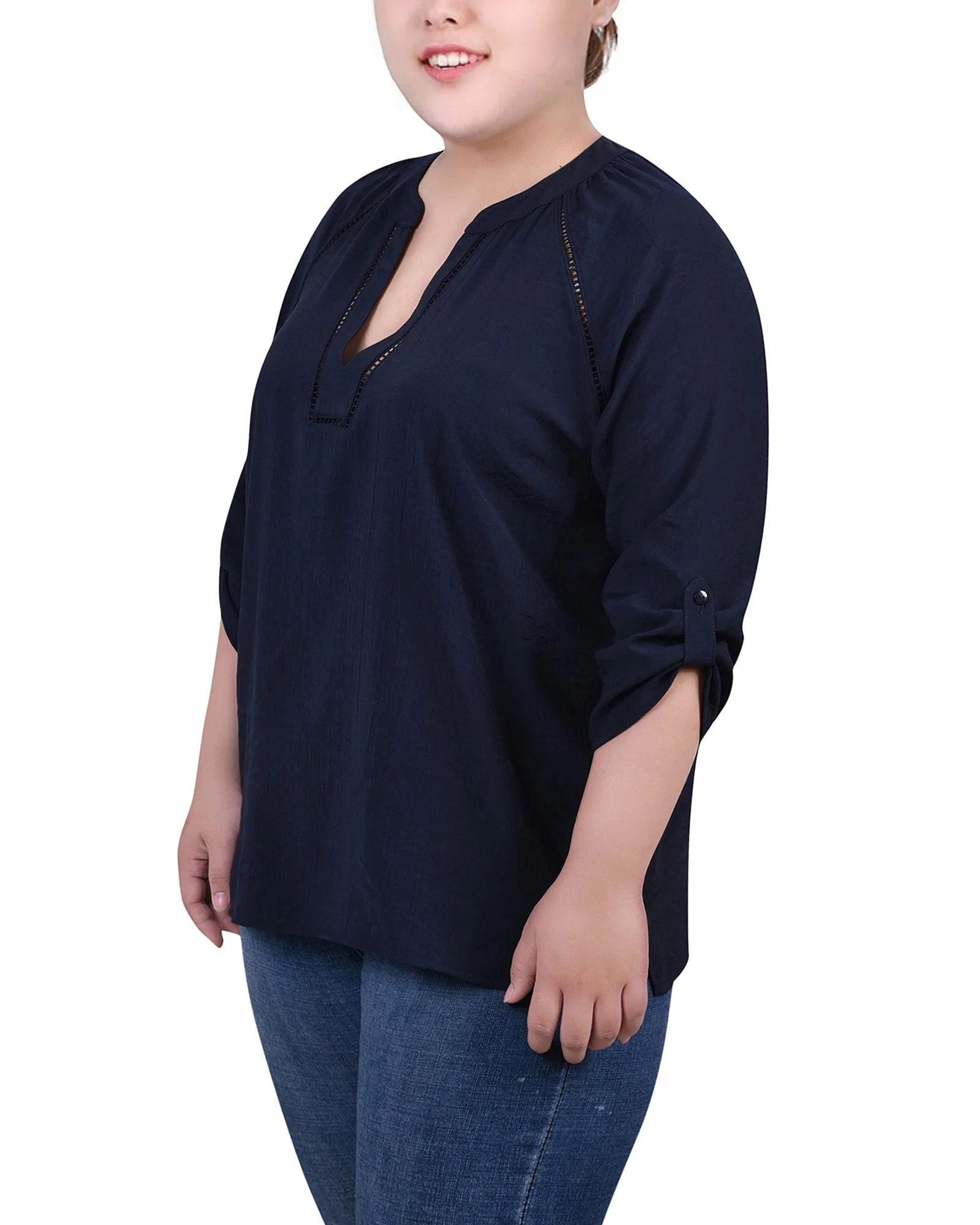 Blouse à encolure fendue avec manches raglan pour grandes tailles