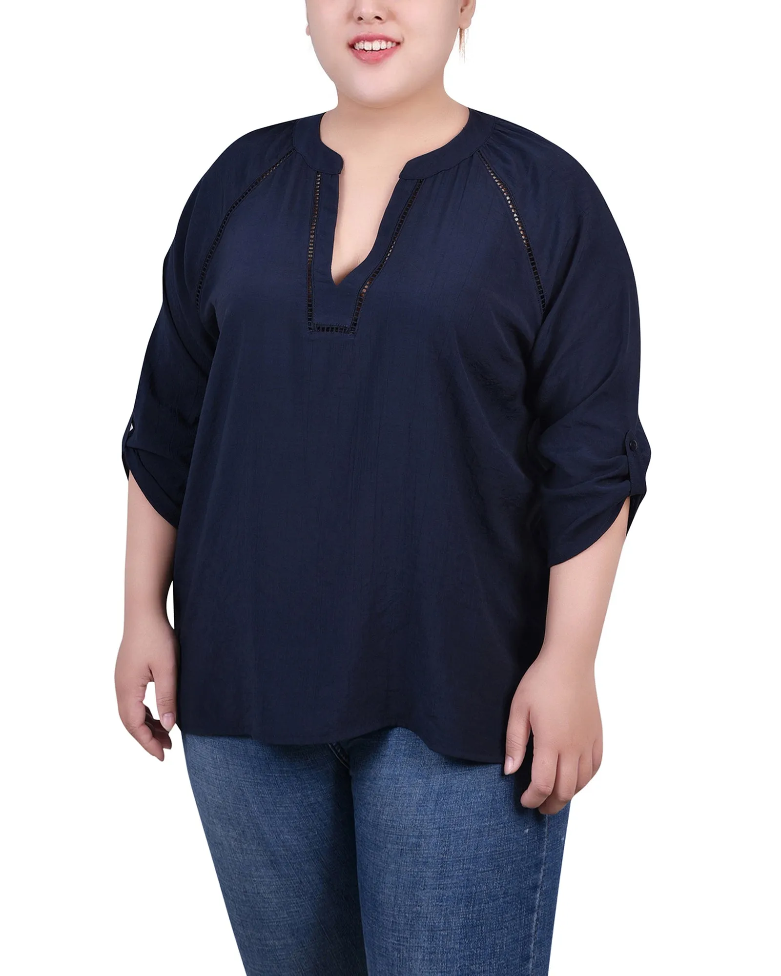 Blouse à encolure fendue avec manches raglan pour grandes tailles