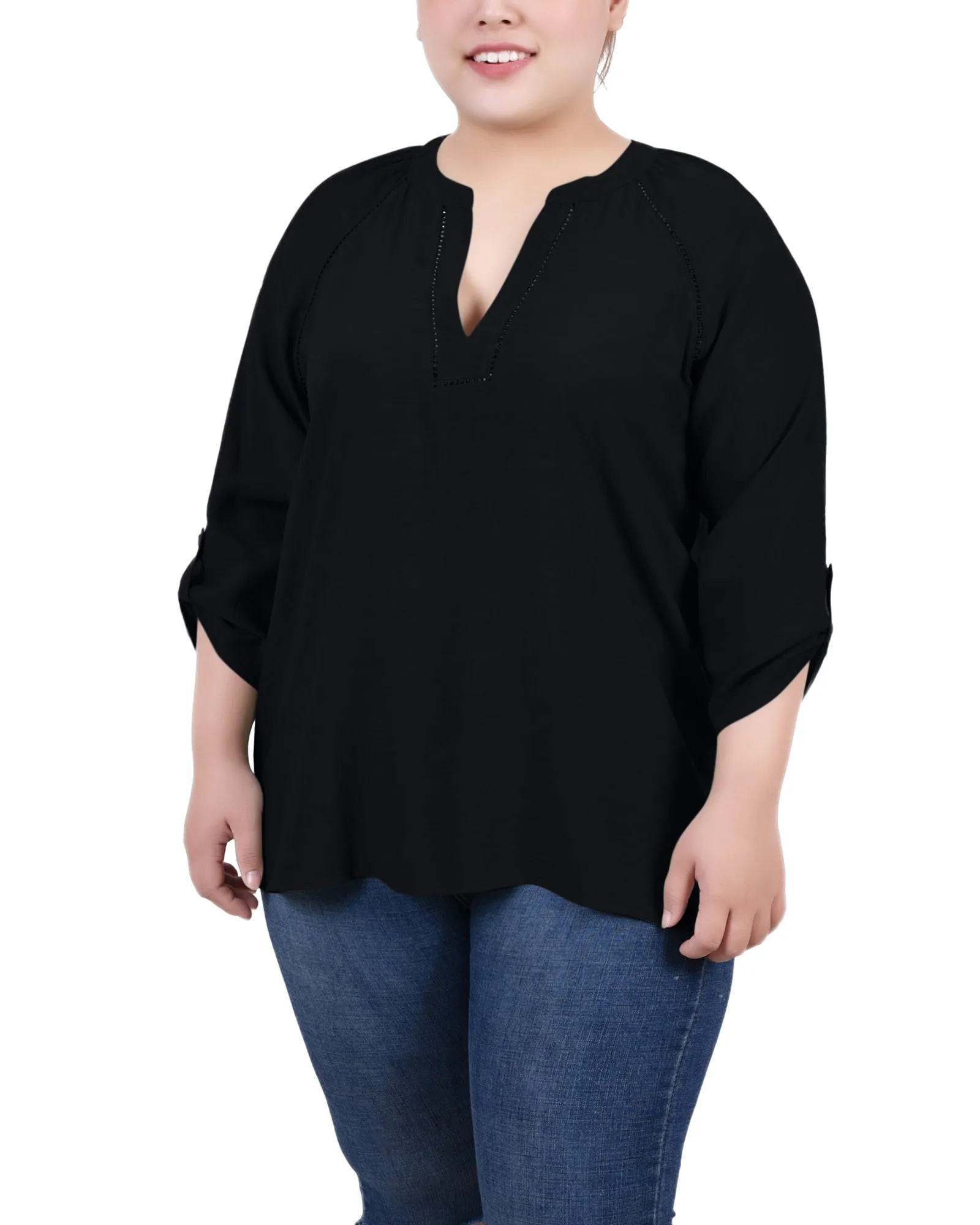Blouse à encolure fendue avec manches raglan pour grandes tailles