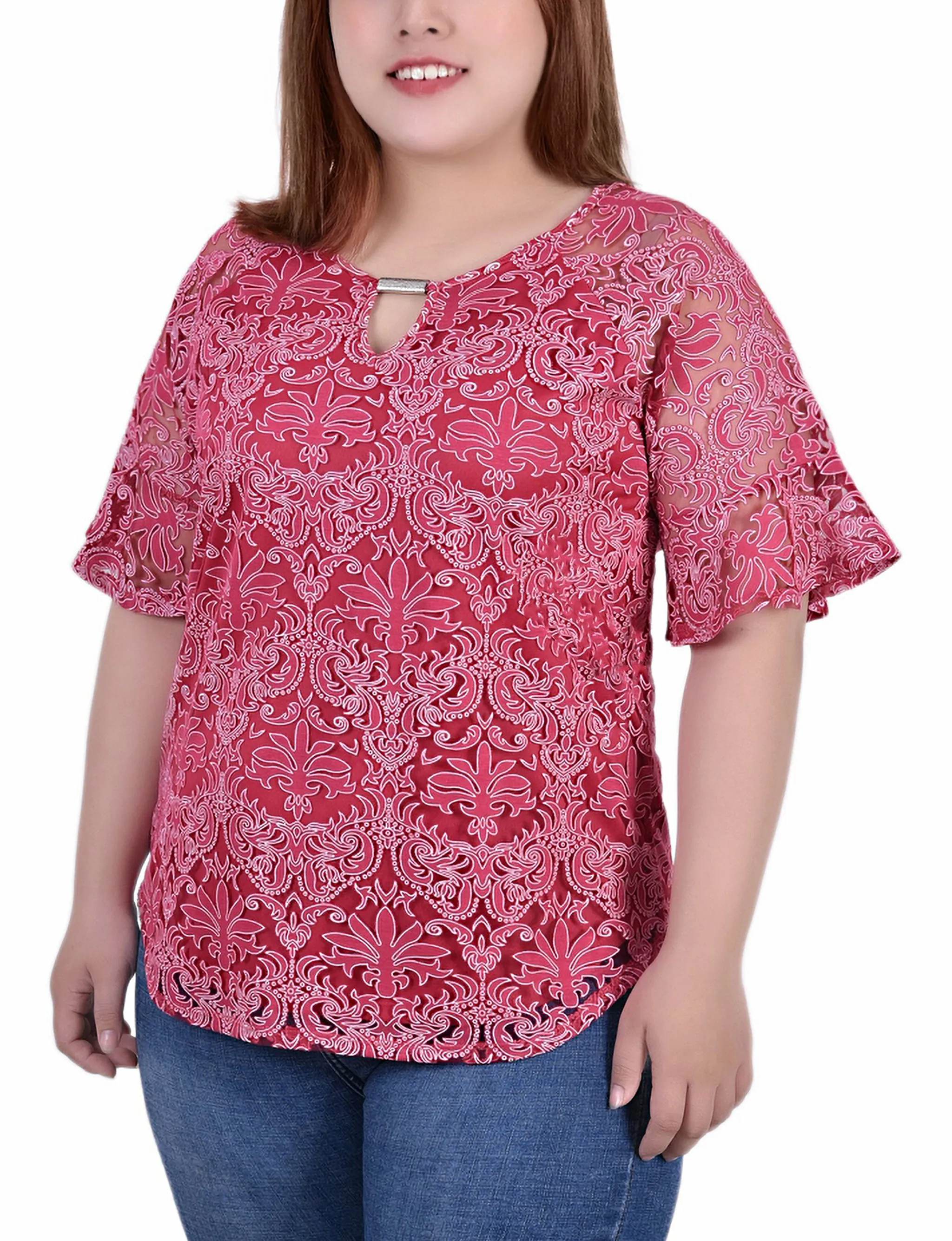 Blouse en dentelle à manches cloche pour grande taille