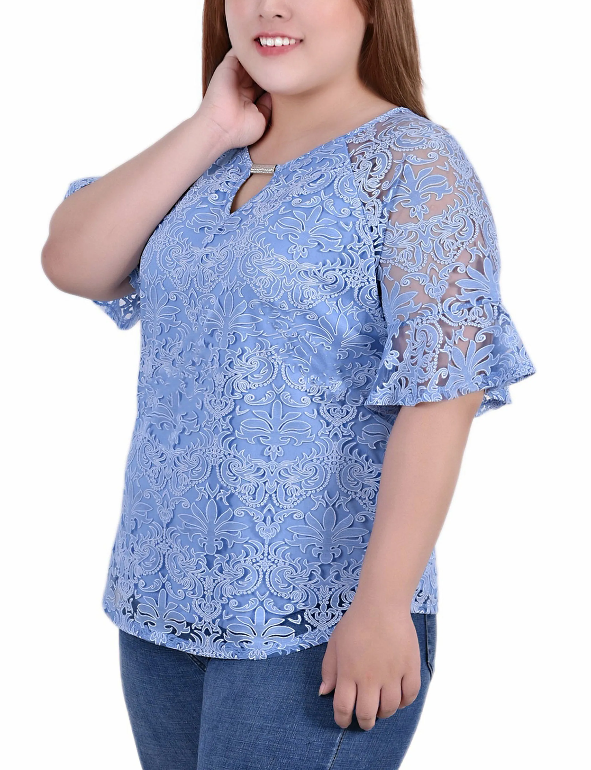 Blouse en dentelle à manches cloche pour grande taille