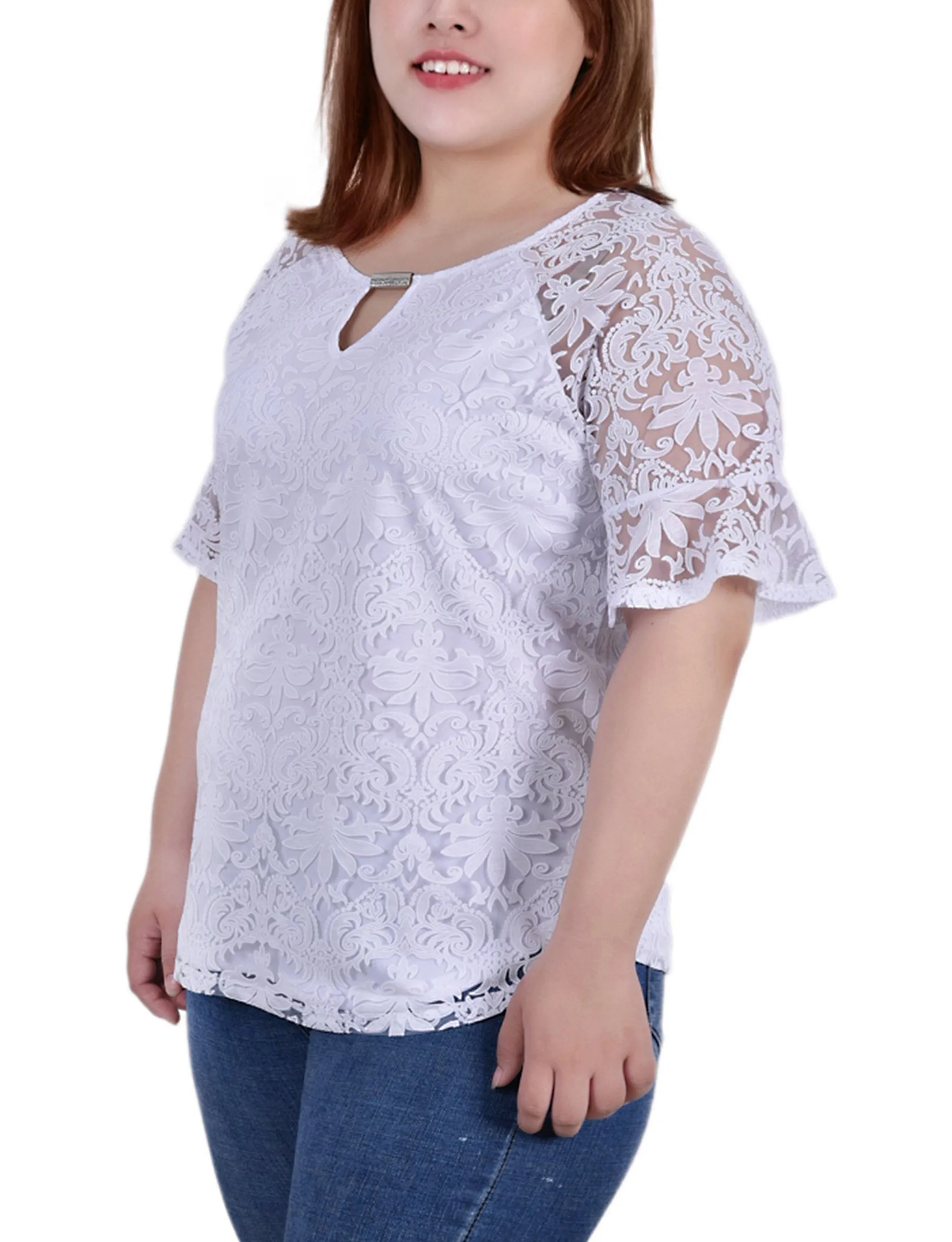 Blouse en dentelle à manches cloche pour grande taille