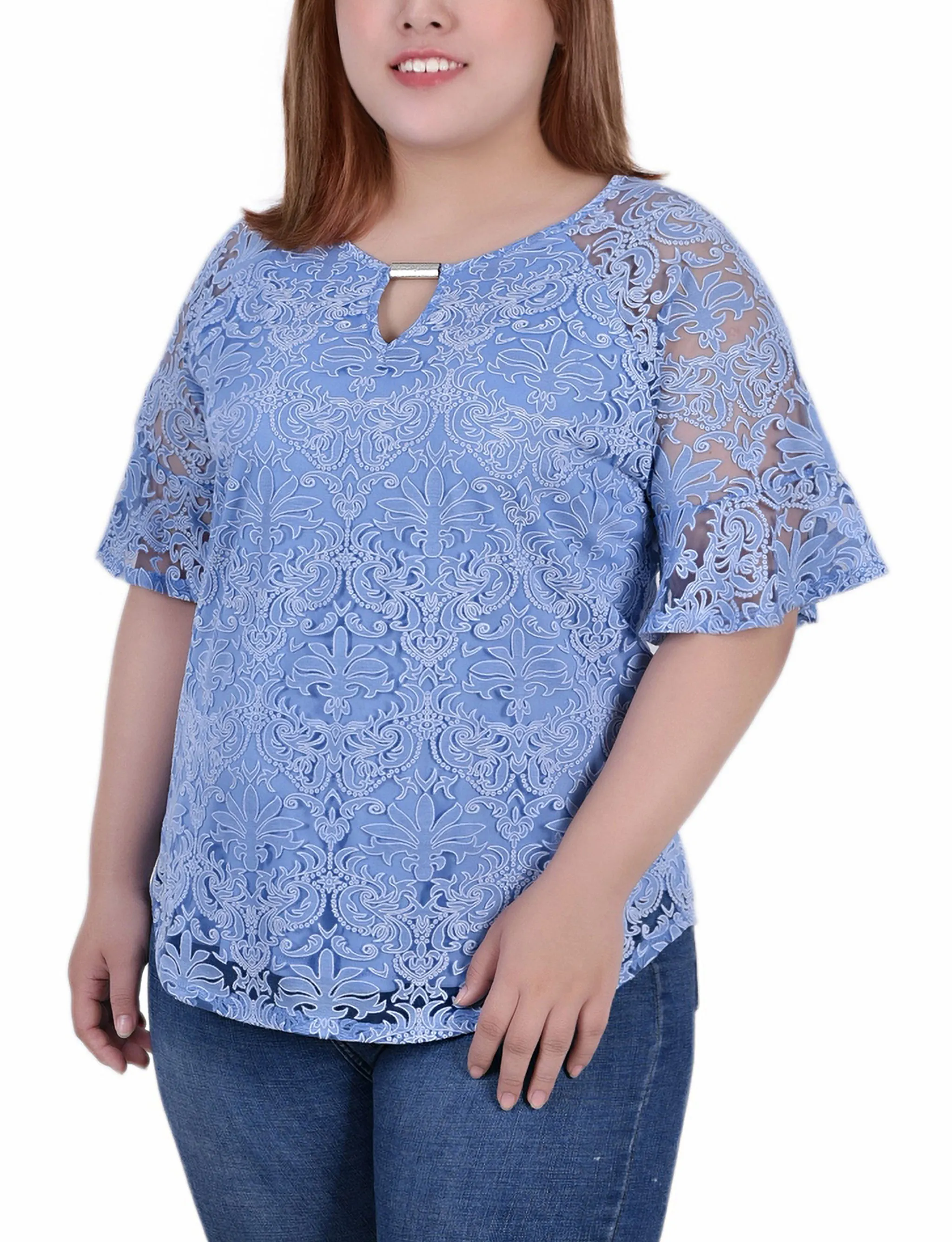 Blouse en dentelle à manches cloche pour grande taille