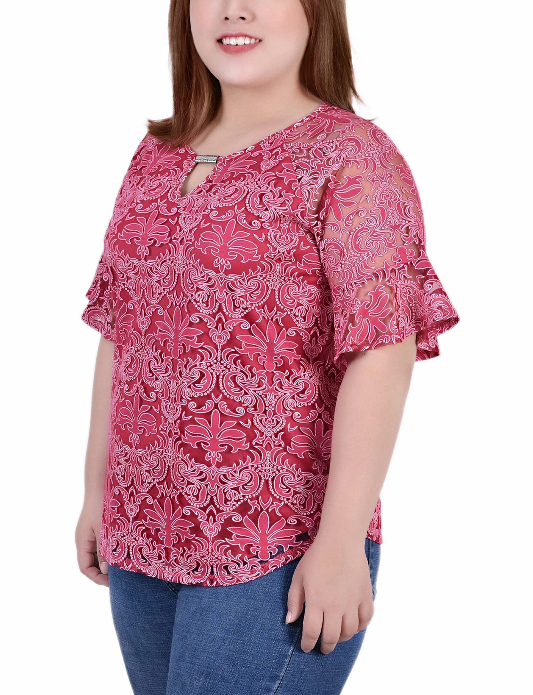 Blouse en dentelle à manches cloche pour grande taille