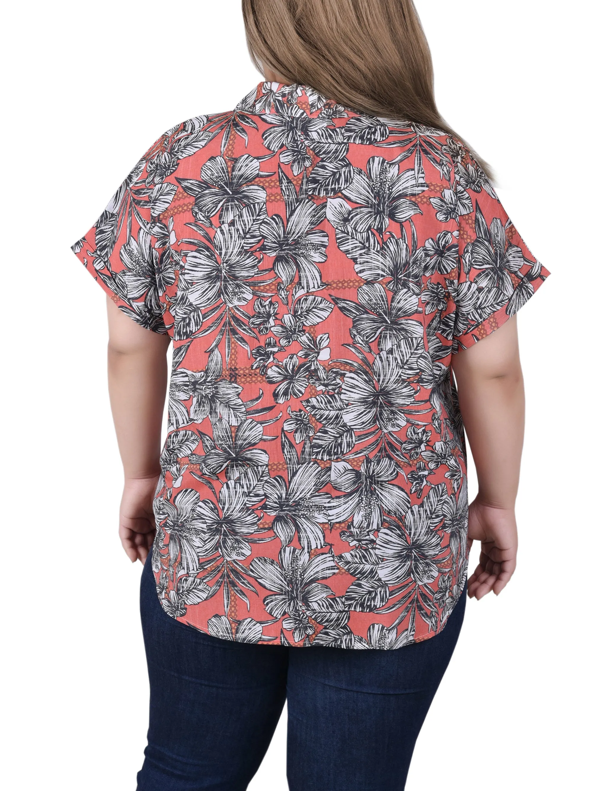 Blouse boutonnée à manches courtes roulées pour grandes tailles