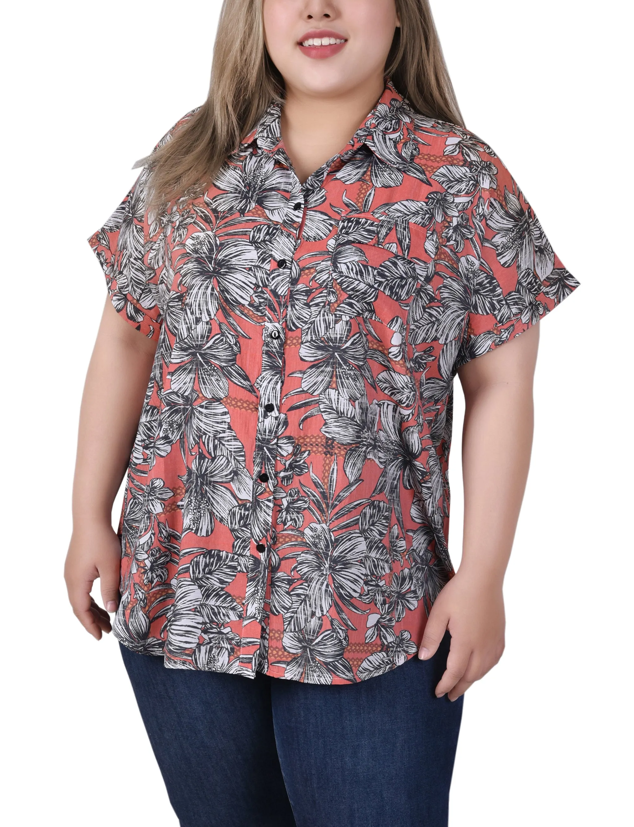 Blouse boutonnée à manches courtes roulées pour grandes tailles