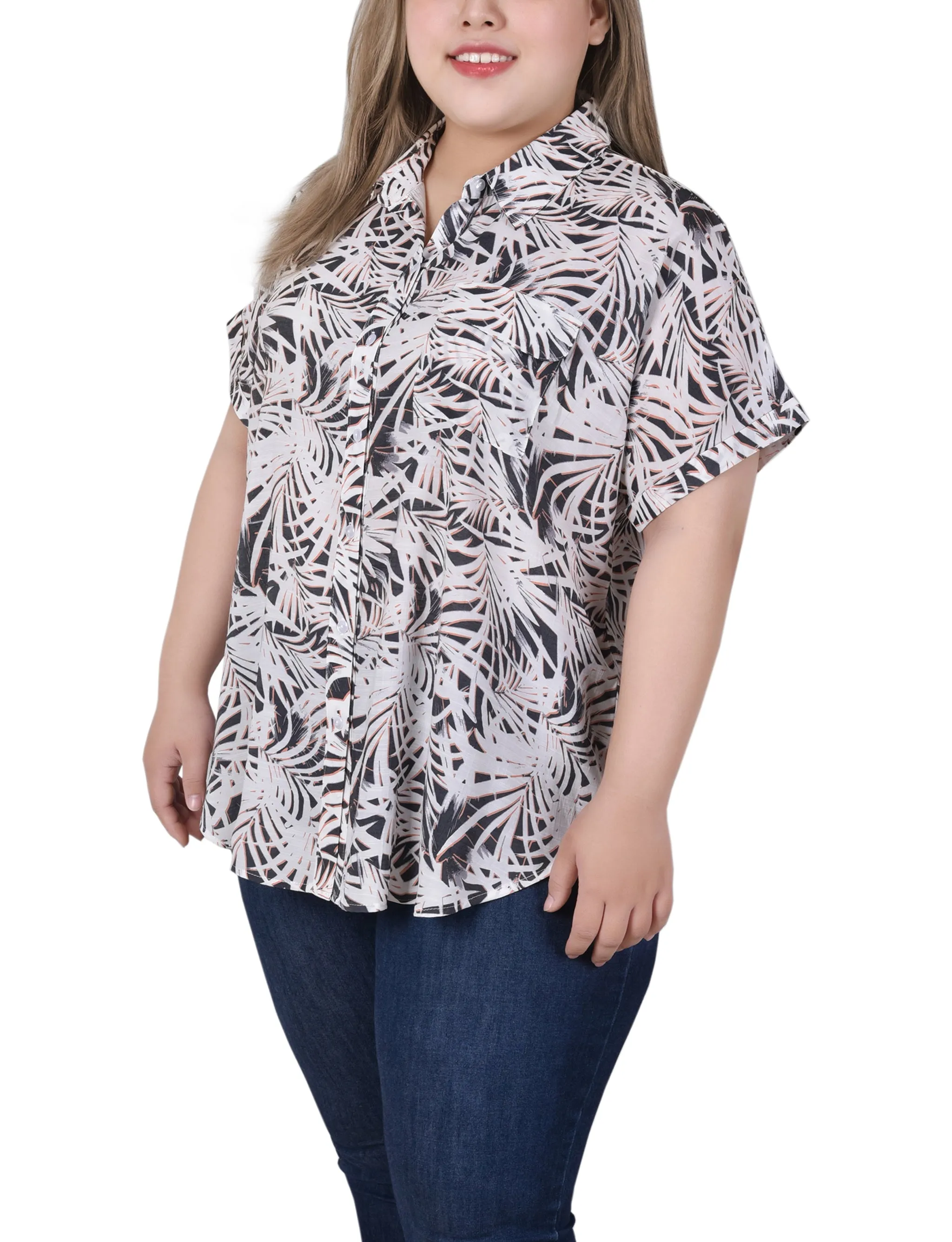 Blouse boutonnée à manches courtes roulées pour grandes tailles